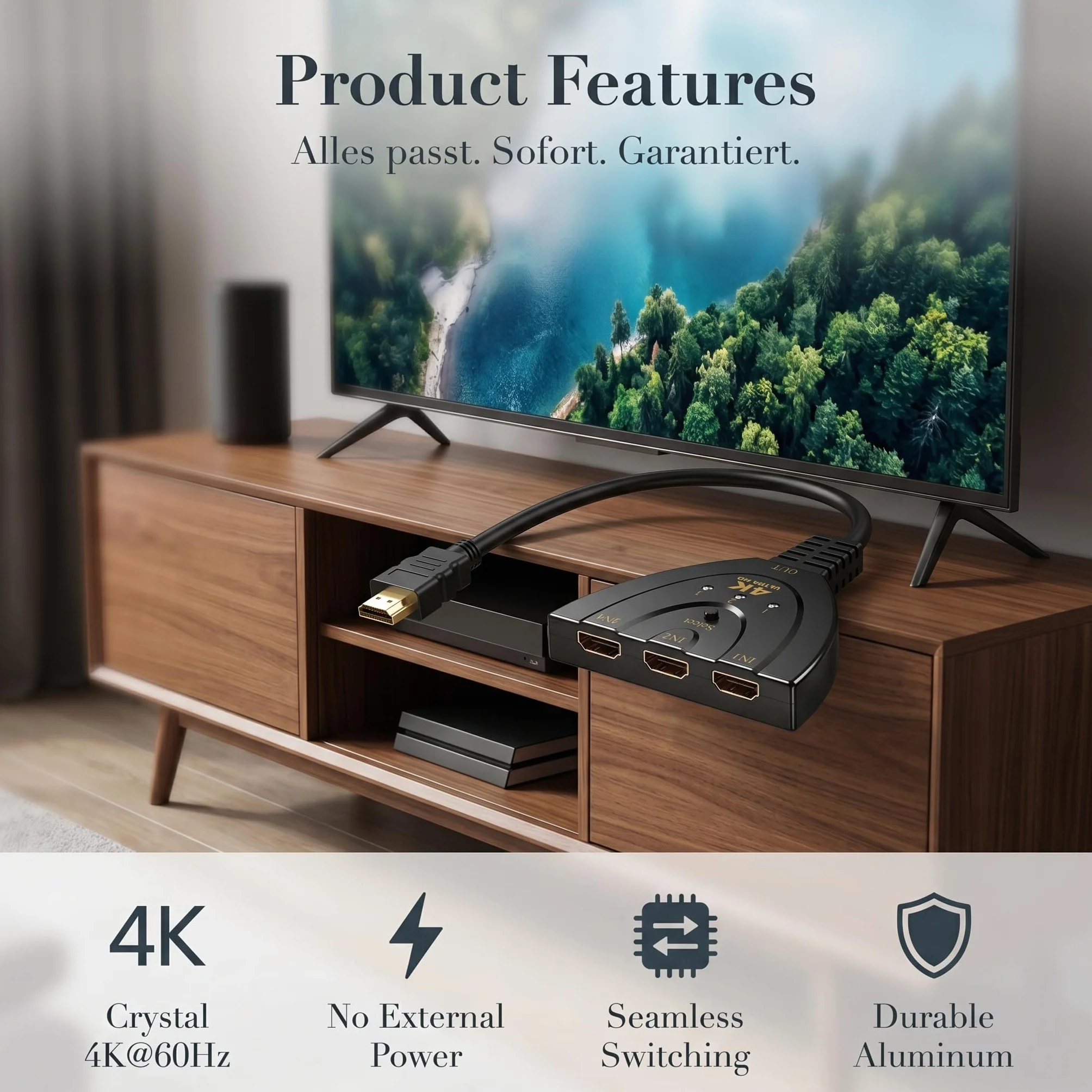 Ruvan Switch HDMI 4K, Multiprise HDMI 3 Entrées 1 Sortie avec, Commutateur HDMI Automatique Ultra HD 1080P 3D HDR, Multi HDMI pour TV, PS5, PS4, Blu-Ray, PC