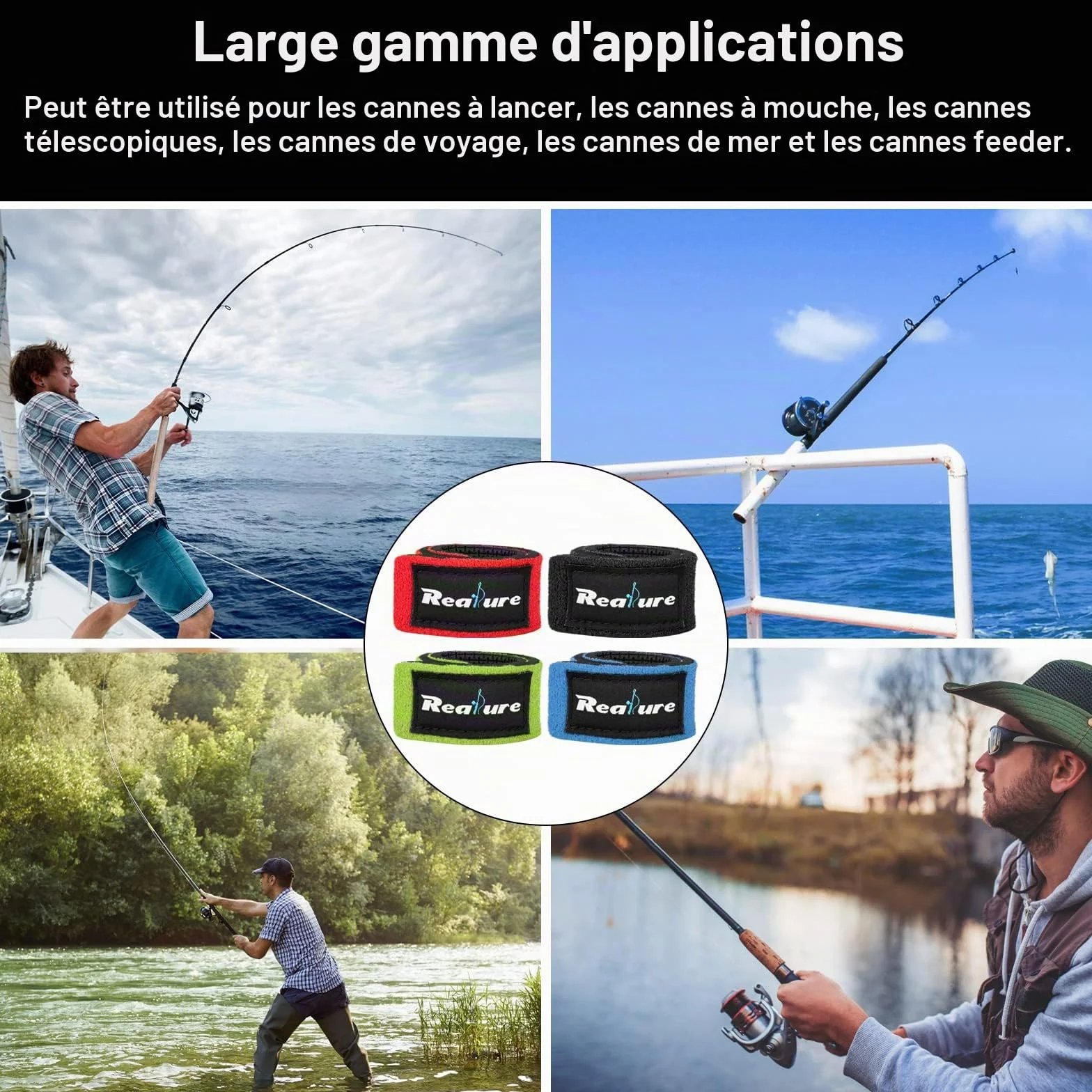 Realure Lot de 8 sangles de canne à pêche réglables en néoprène pour canne fixe mer carpe