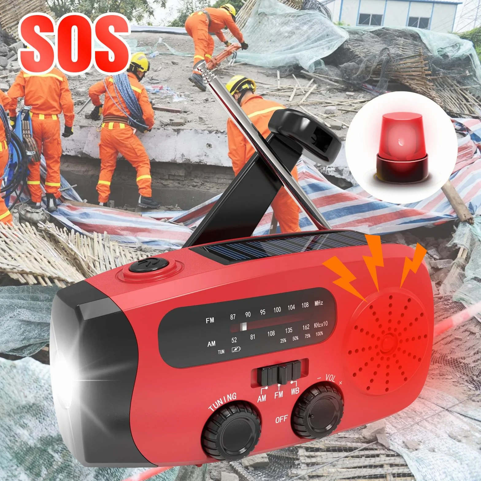 Radio d'urgence solaire 2000mAh manivelle AM/FM/WB alarme SOS lampe LED 700LM IPX4 étanche