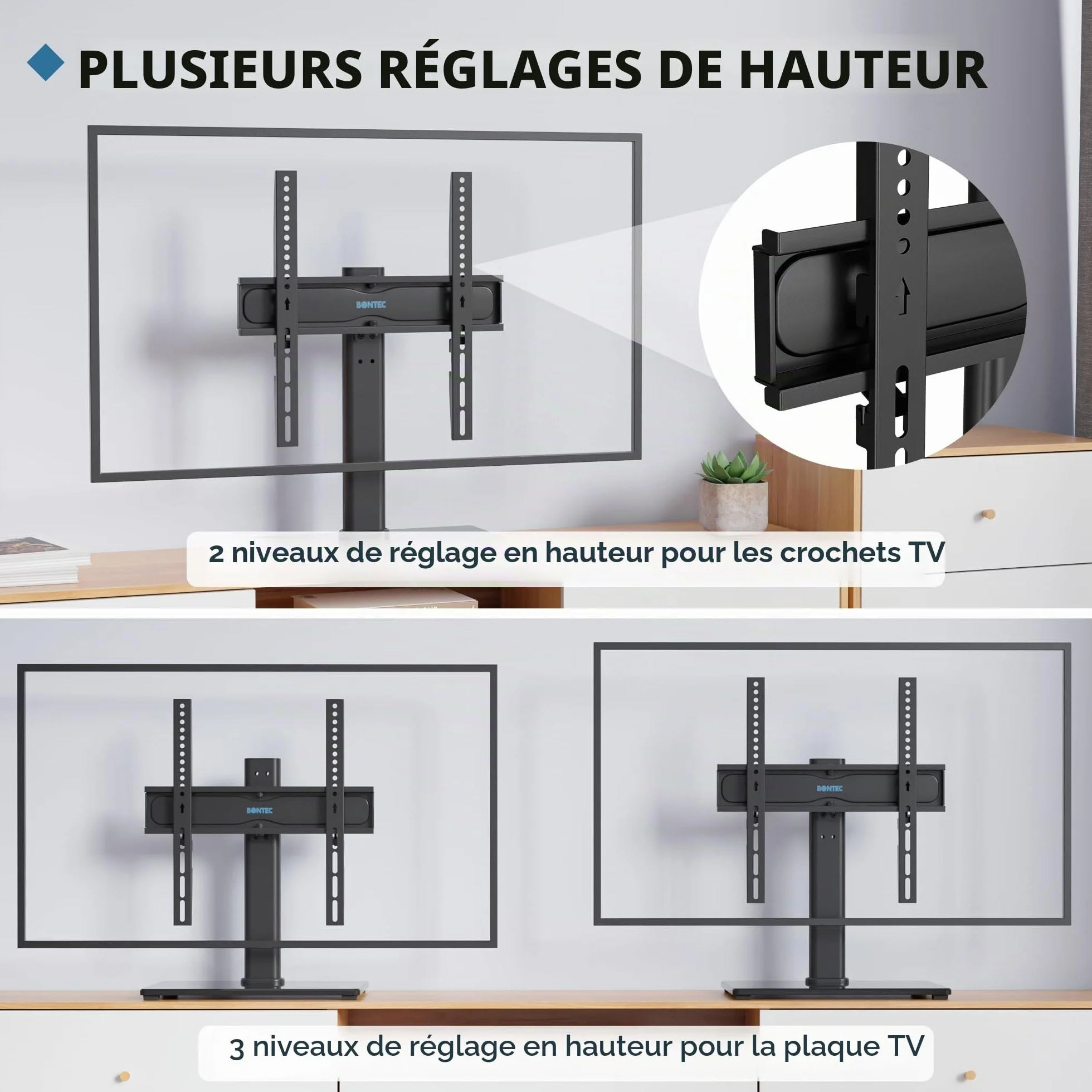 BONTEC Support TV sur Pied TV Universel Pivotant pour Télévisions de 24 à 60 Pouces LCD/LED/Plasma Hauteur Réglable avec Base en Verre Trempé de 8 mm - Charge Maximal 45kg Max VESA 400x400 mm