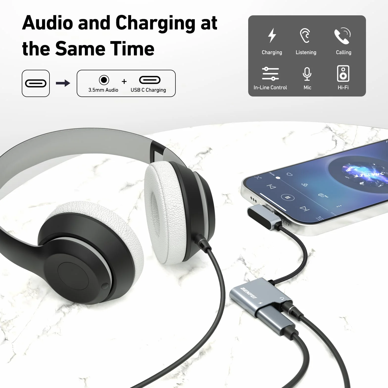 BENFEI Adaptateur USB C vers Prise Audio avec Charge Rapide 60 W, USB-C vers Casque Femelle 3,5 mm, Compatible iPhone 15 Pro Max/15 Pro/15, Samsung Galaxy S24/S23/S22/S21 Ultra, iPad Pro
