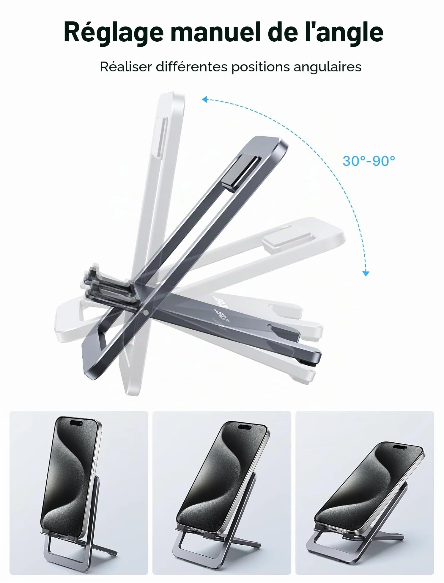 JSAUX Support Téléphone Portable Pliable en Aluminium Ajustable pour iPhone 16 15 14 13 Pro Max Samsung S24 S23 Ultra A53 Kindle Gris