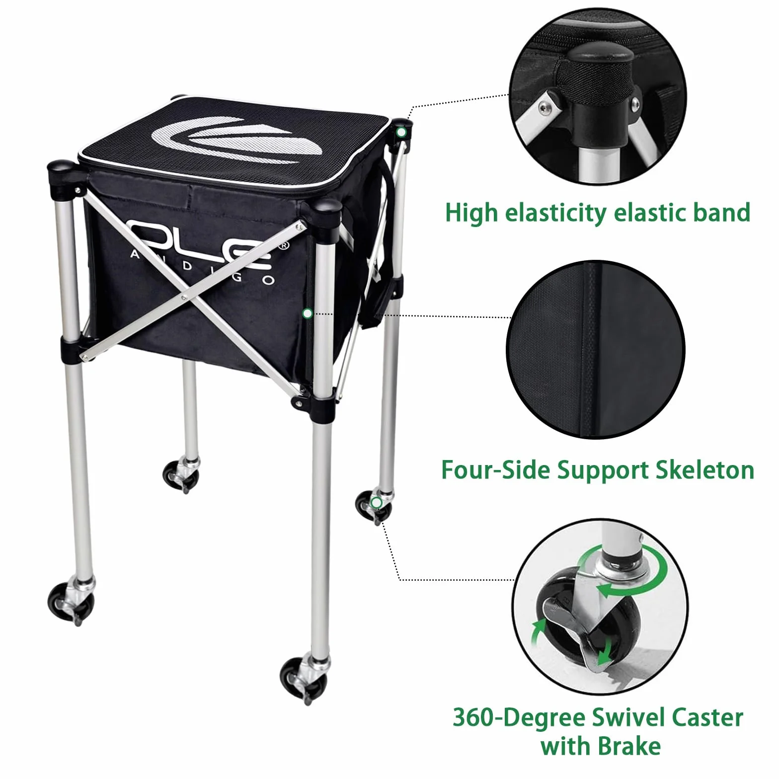 Tennis Ball Hopper Basket 160 Balls with Side Pockets Lightweight Cart Wheels