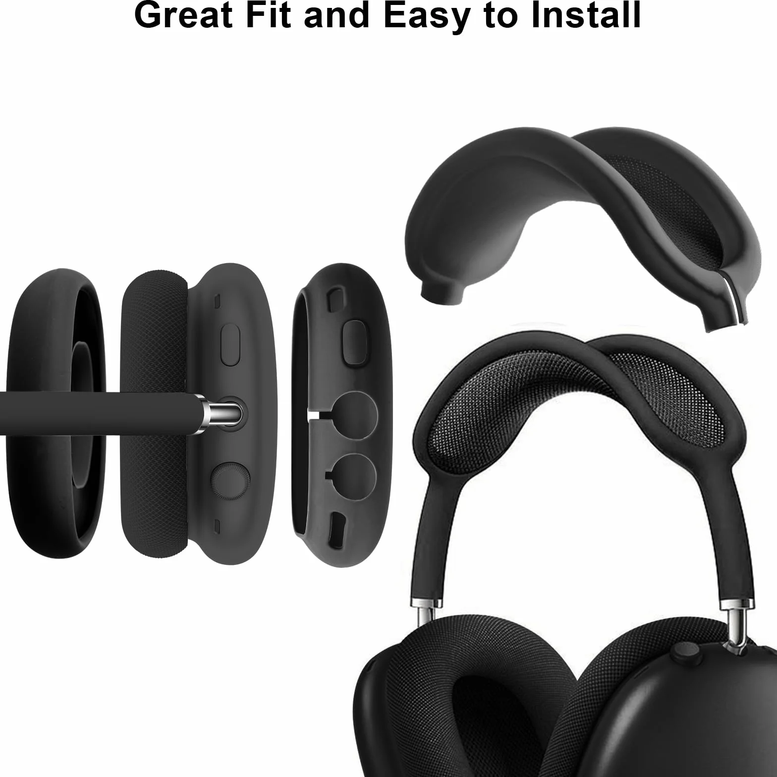 Ainiv Coque de Protection Compatible avec Airpods Max, Protège Les Ecouteurs Contre Les Rayures et Les Dommages, Coque de Protection en Silicone Souple Housse Accessoire pour AirPods Max Casque-Noir | Coussinets d'oreille et couvre-bandeau