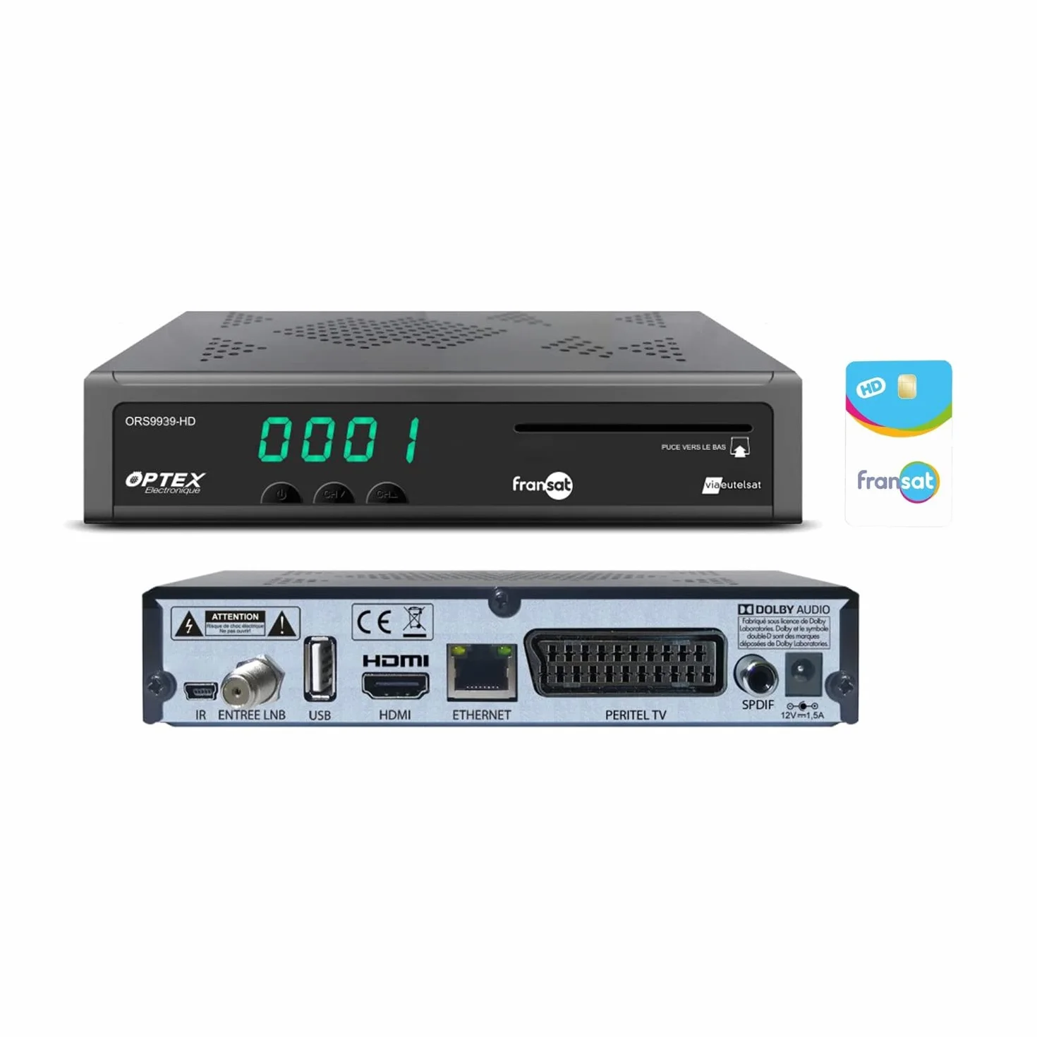 Récepteur Satellite HD ORS9939-HD – 4000 chaînes TV et Radio, Réception Multi-Satellites, Carte FRANSAT HD Incluse