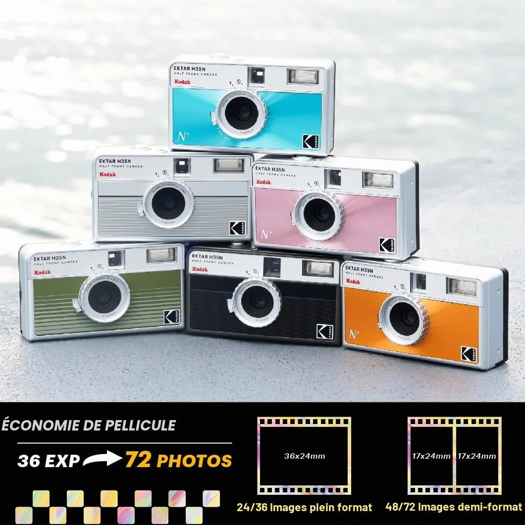 Kodak EKTAR H35N Appareil Photo Demi-Cadre, 35 mm, réutilisable, sans Mise au Point, Fonction Ampoule, Filtre étoile intégré, Objectif amélioré (Film et Pile AAA Non incluses) (Vert rayé)