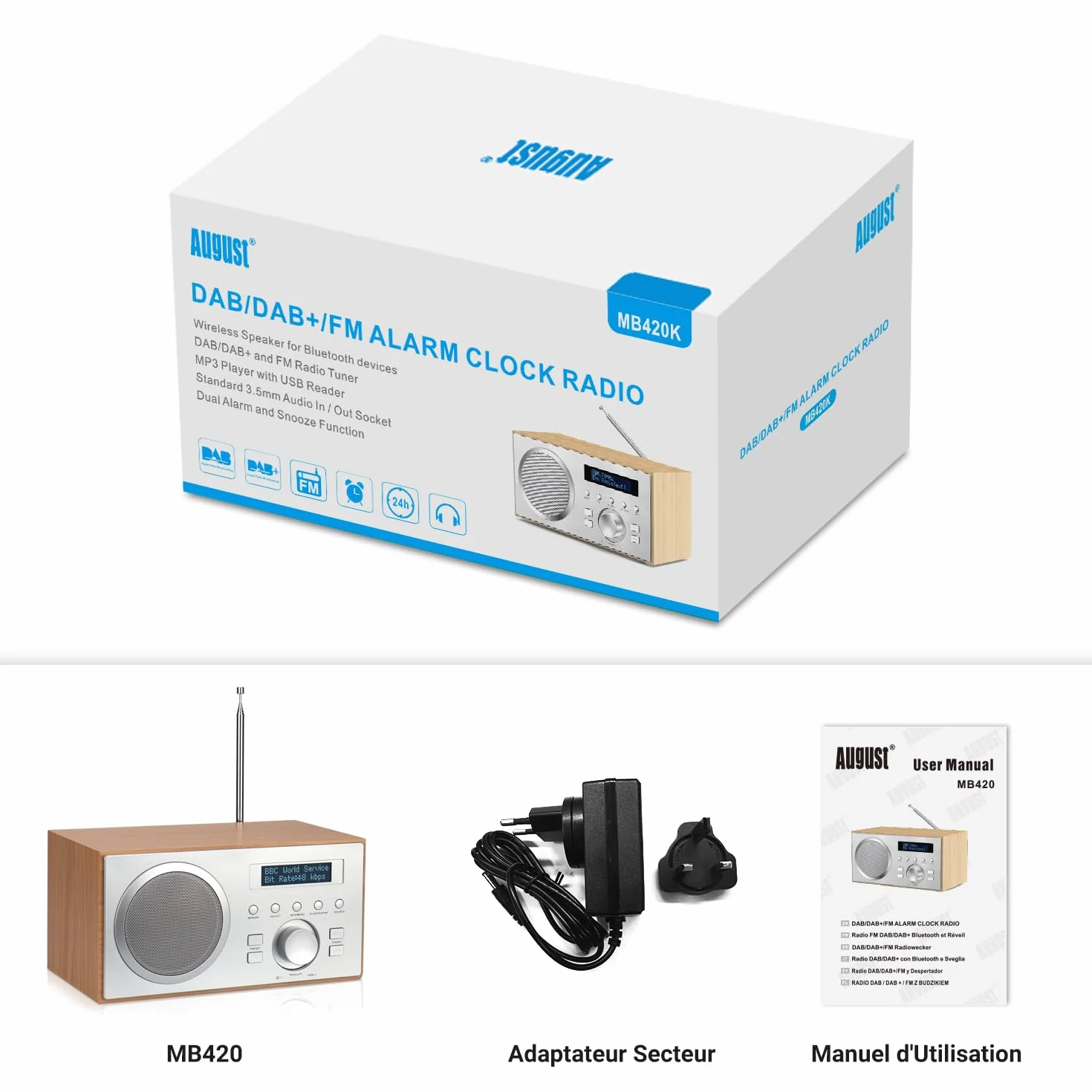 August MB420 Radio Dab Bluetooth, Radio Dab+/FM Numérique avec Double Réveil, 60 Présélections, Haut-Parleur HiFi 5W, Minuterie Sommeil, Snooze, USB & Entrée/Sortie AUX, Secteur pour Cuisine & Maison