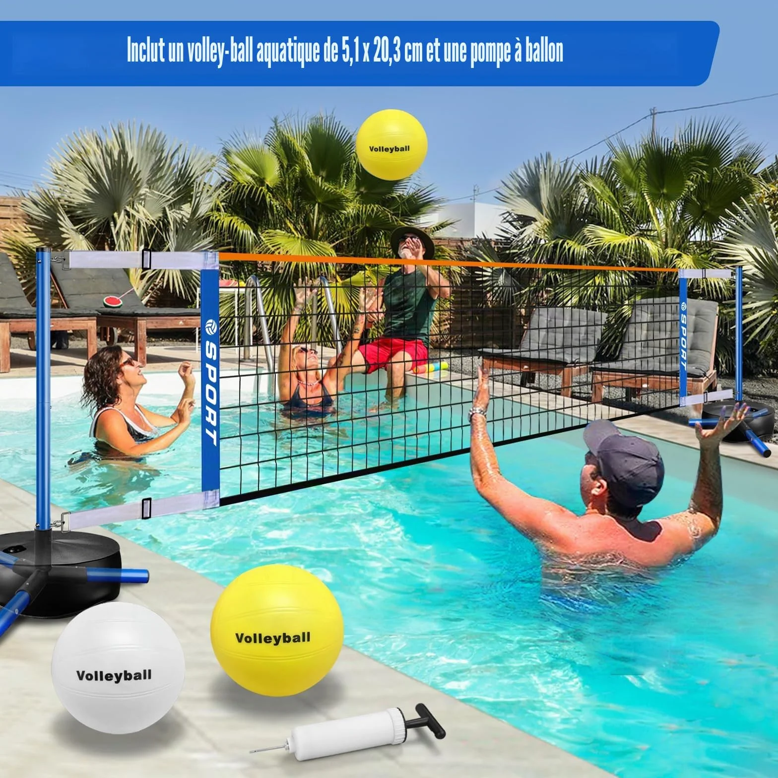Filet de volleyball de piscine portable intérieur/extérieur avec 2 balles, base robuste, réglable 4,5-7,6 m