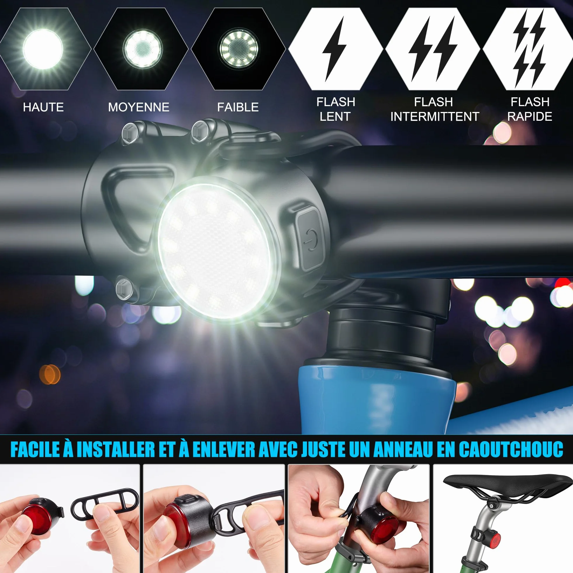 Lumiere Velo USB Rechargeable Avant et Arrière Vélo Lumière LED IPX5 6 Modes Eclairage Velo Route Montagne Conduite de Nuit