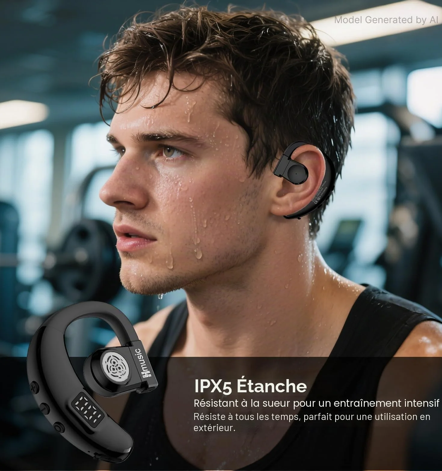 Hmusic Oreillette Bluetooth sans Fil V5.4, IPX5 Étanche, Kit Mains Libres avec 2 Micro Anti-Bruit, 20H d'Autonomie, 18g Ultra-léger, Affichage Numérique LED, pour Conduite, Bureau, Affaires
