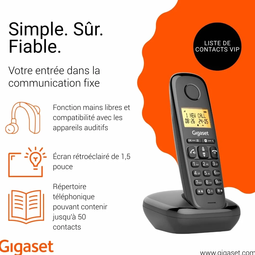 Gigaset Start 120 Téléphone DECT, Blocage d’appels, Écran rétroéclairé 1,5", Mains Libres, Autonomie 11h, Anthracite