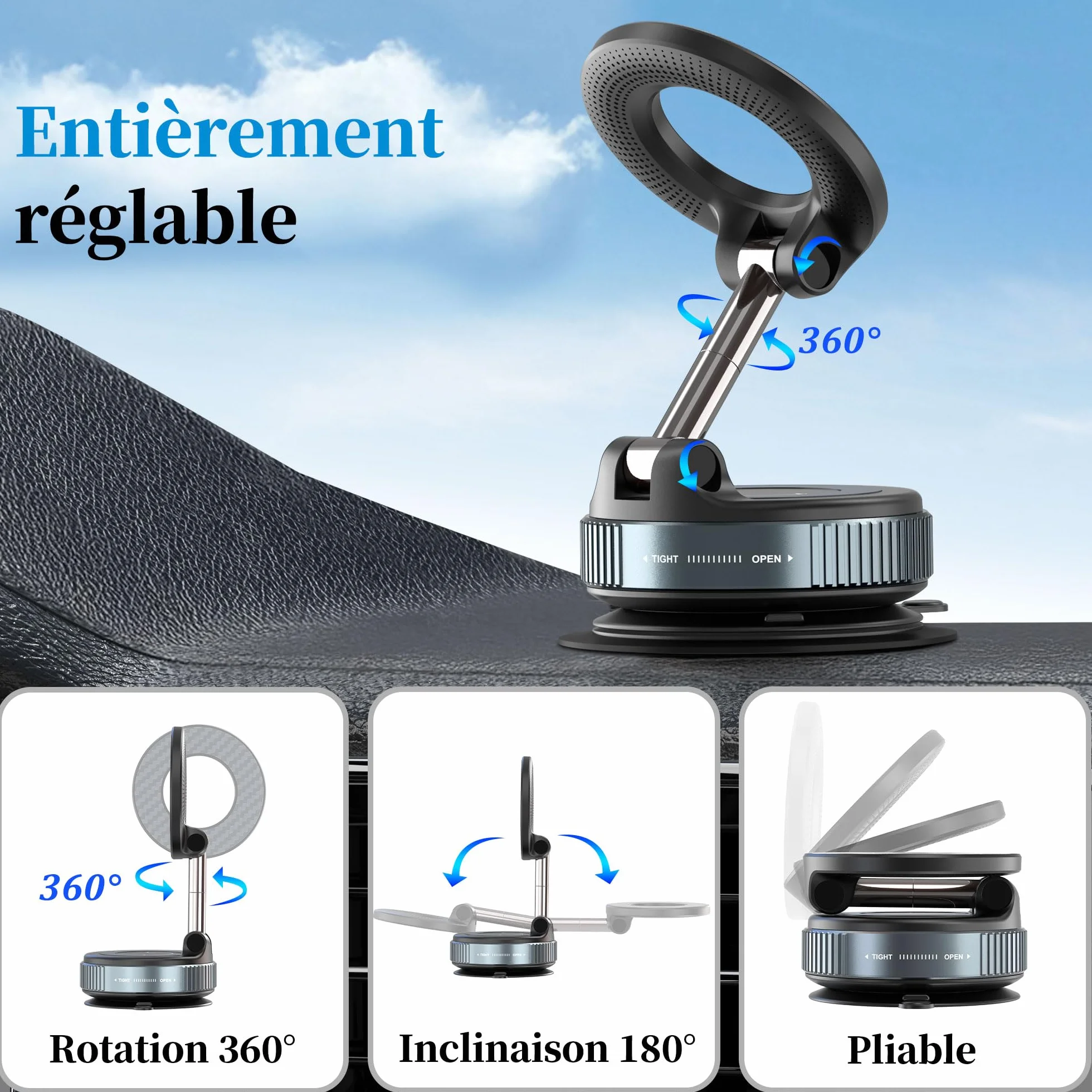 Support Téléphone Voiture Ventouse Puissante Magnétique Rotation 360° Fixation Ultra-Stable Compatible iPhone 17/16/15/14/13/12 Pro/Pro Max