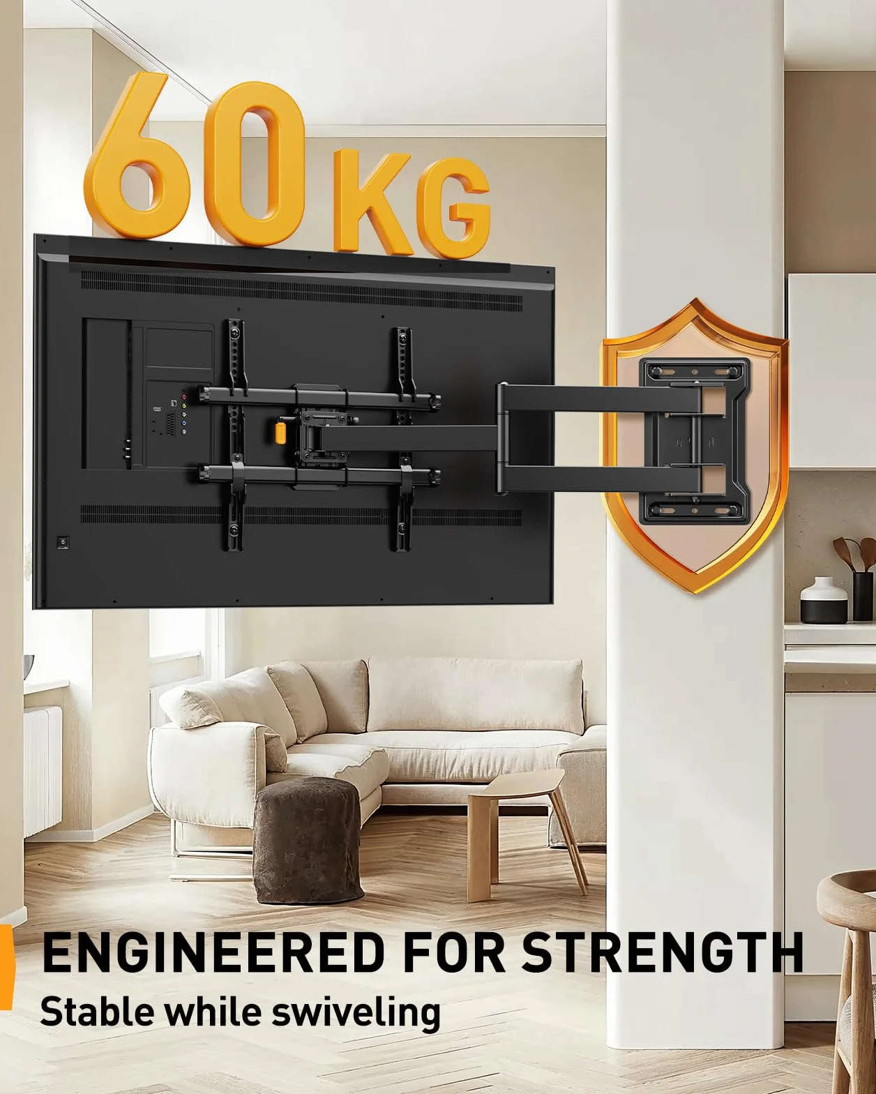 Perlegear Support Mural TV à Bras Long, Support TV à Mouvement Complet pour Téléviseurs de 32-65″, Capacité de Charge de 60 kg, Support TV d'angle avec Pivotement de ±90°, VESA Max 400x400mm, PGMF24B