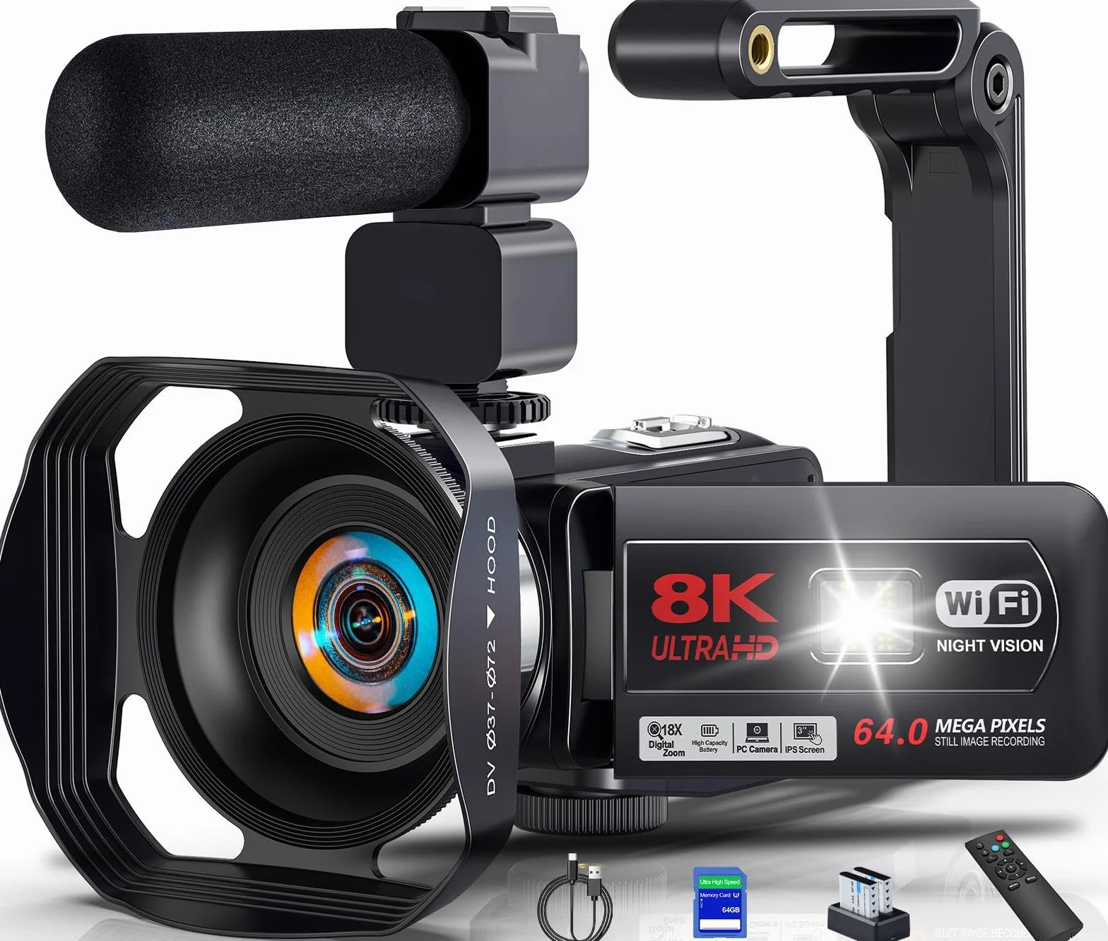 Caméscope Vidéo 8K 64MP Vlogging WiFi Vision Nocturne IR Écran Tactile 3" Zoom Numérique 18X avec Mic et Télécommande