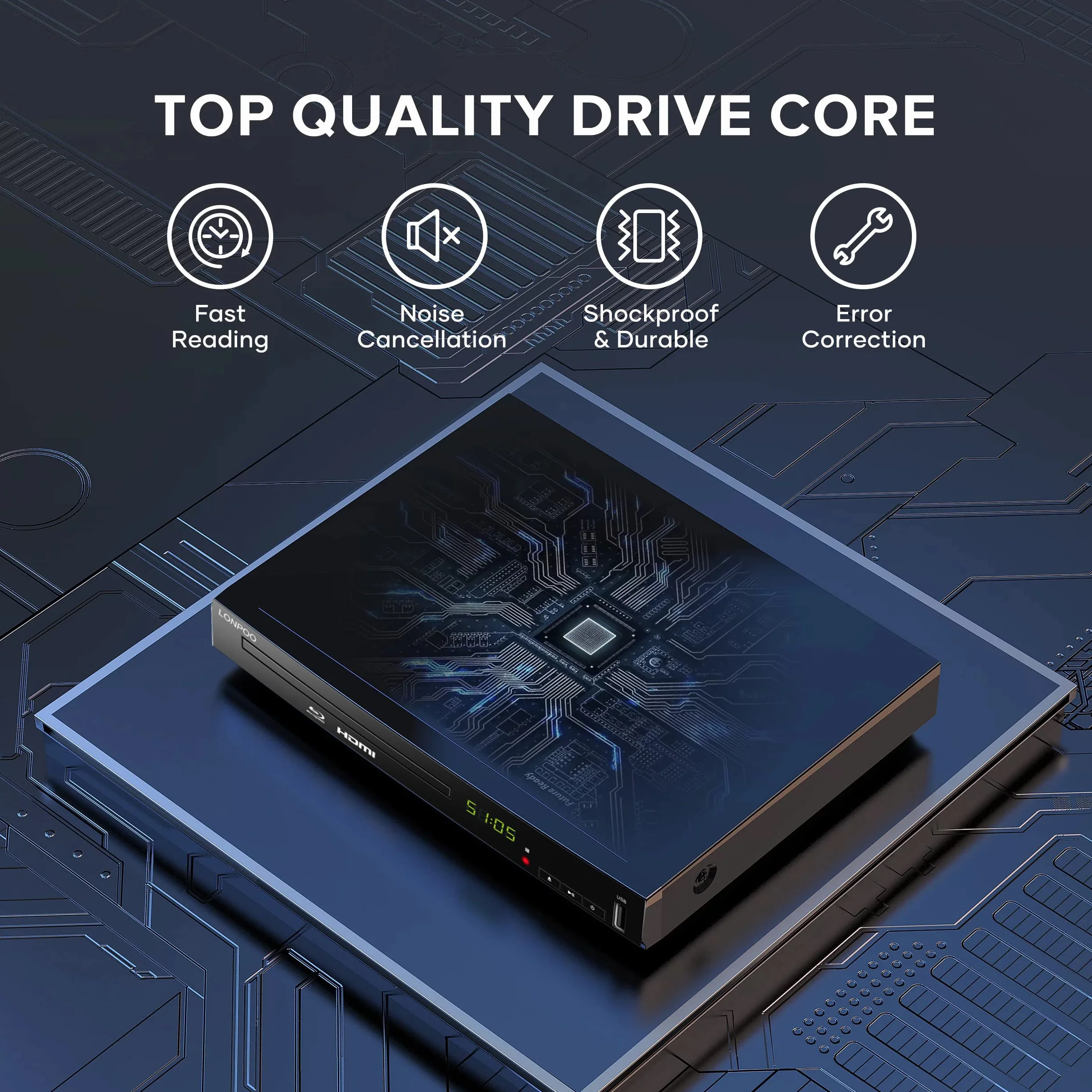 Lecteur Blu-Ray DVD pour Téléviseur - 1080P HD DVD Lecteur Bluray avec Sortie HDMI/Coaxiale/RCA (câble HDMI et AV Inclus), Entrée USB, Bluray Région B/2, Télécommande (LP-100)