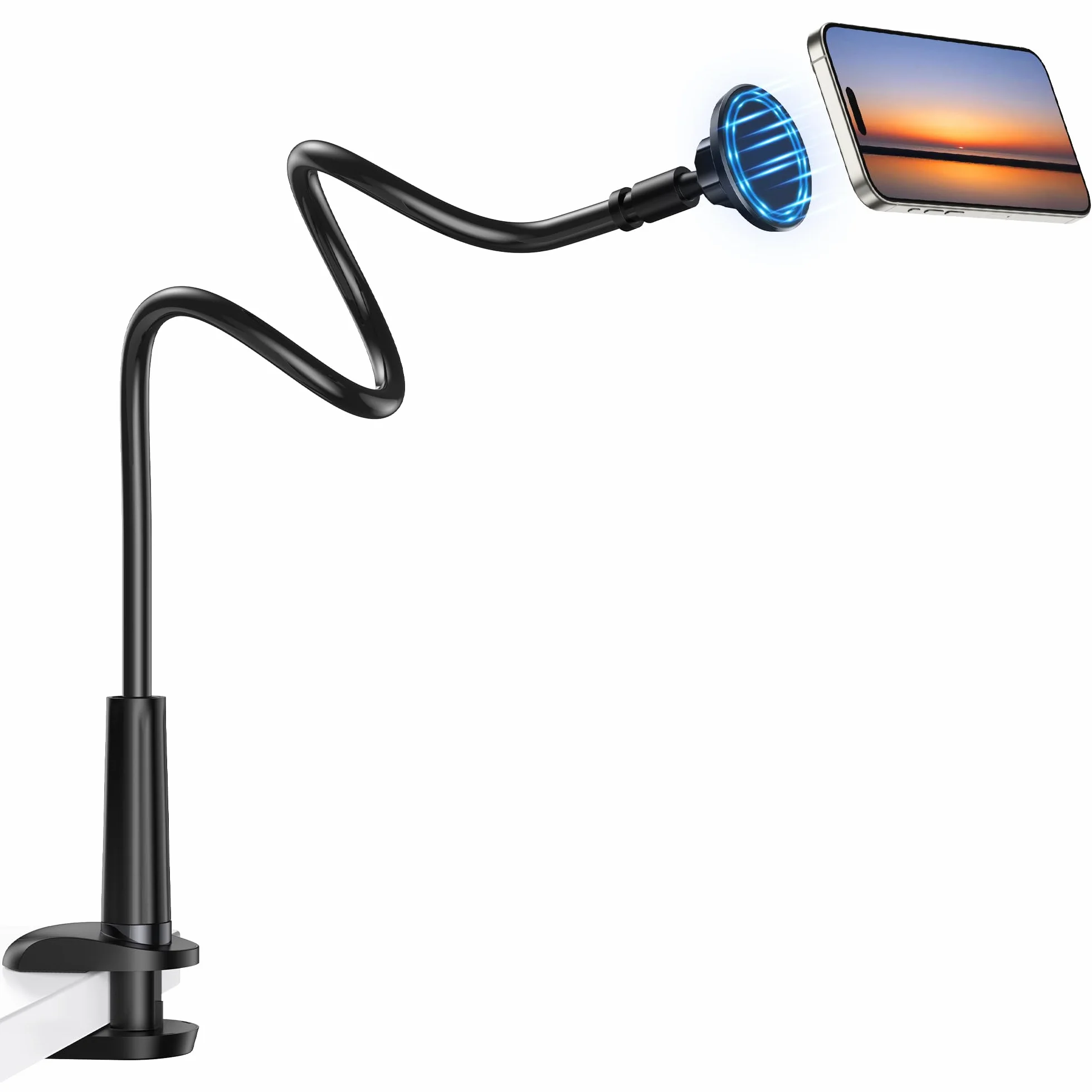 Support Téléphone Lit Réglable Pivotant 360° Col de Cygne Mag-Safe avec Anneaux Métal pour iPhone 17 16 15 14 13 12 Pro Max Plus