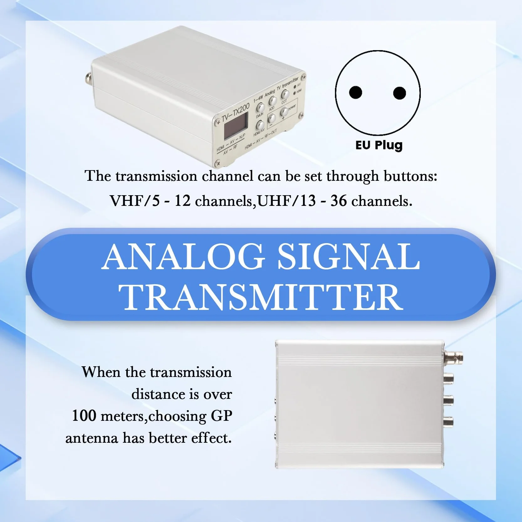 JANZU TV-TX200 Transmetteur TV Analogique VHF/UHF HD/AV avec Antenne Télescopique Prise UE