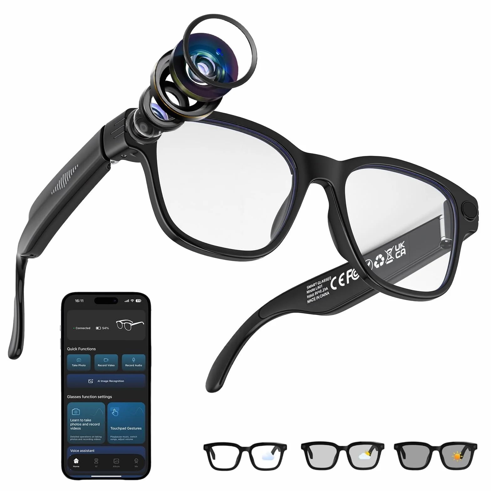 AI Lunettes Connectées Caméra 8MP, avec Stabilisation d'image, Enregistrement Photo/Vidéo/Audio, Traduction Temps Réel, Assistant Vocal, Reconnaissance d'Objets pour Voyage et Travail