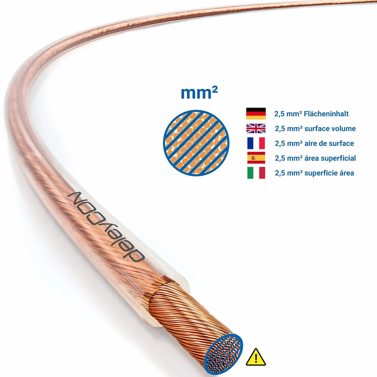 deleyCON 10m Câble Haut-Parleurs 2x 2,5 mm² - Pur Cuivre OFC - Audio pour Enceintes HiFi & Surround - Repérage des Polarités - Transparent