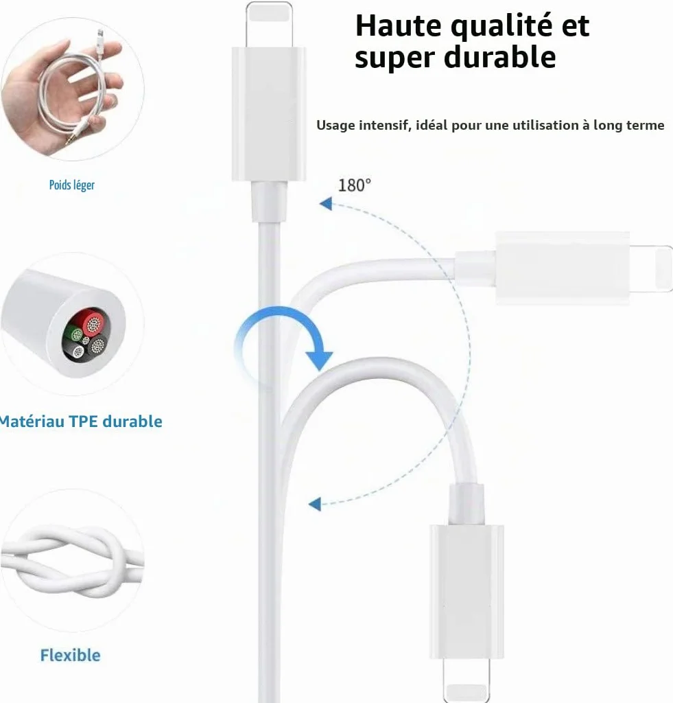 Cordon auxiliaire iPhone voiture adaptateur Lightning vers prise casque 3,5 mm compatible iPhone 14 13 12 11 XS XR X 8 7