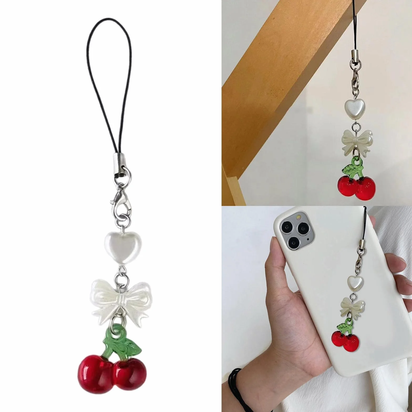 Breloque de téléphone en forme de cerise fabriquée à la main, pendentif fruit, chaîne et sangle pour sac à dos