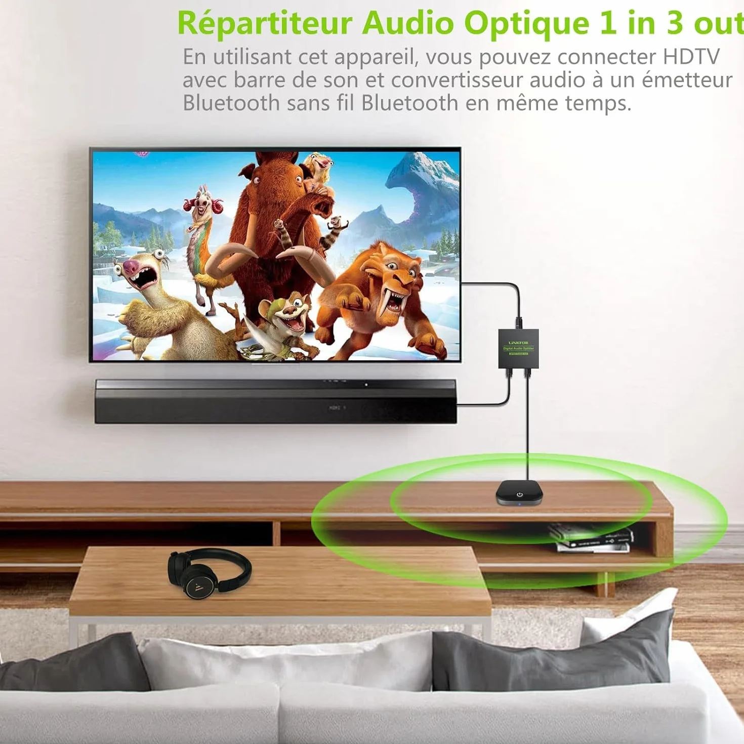 LiNKFOR Répartiteur audio optique 1 x 3 SPDIF Toslink en alliage d'aluminium 1 entrée 3 sorties prend en charge LPCM 2.0 DTS pour Dolby-AC3 Compatible avec PS3 DVD HDTV STB