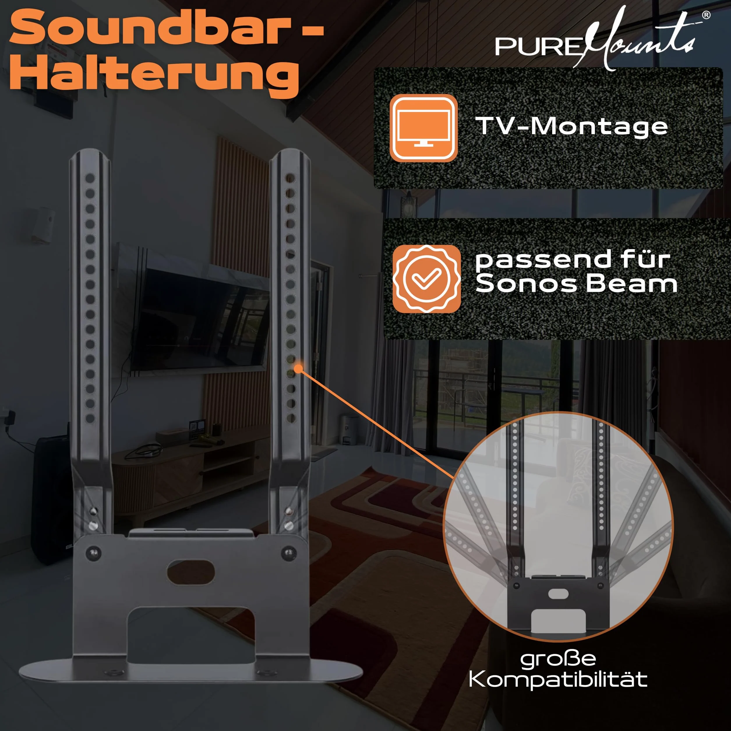 PureMounts PM-SOM-080 pour montage direct sur téléviseur compatible avec SONOS BEAM Barre de son, charge utile: 5 kg, noir