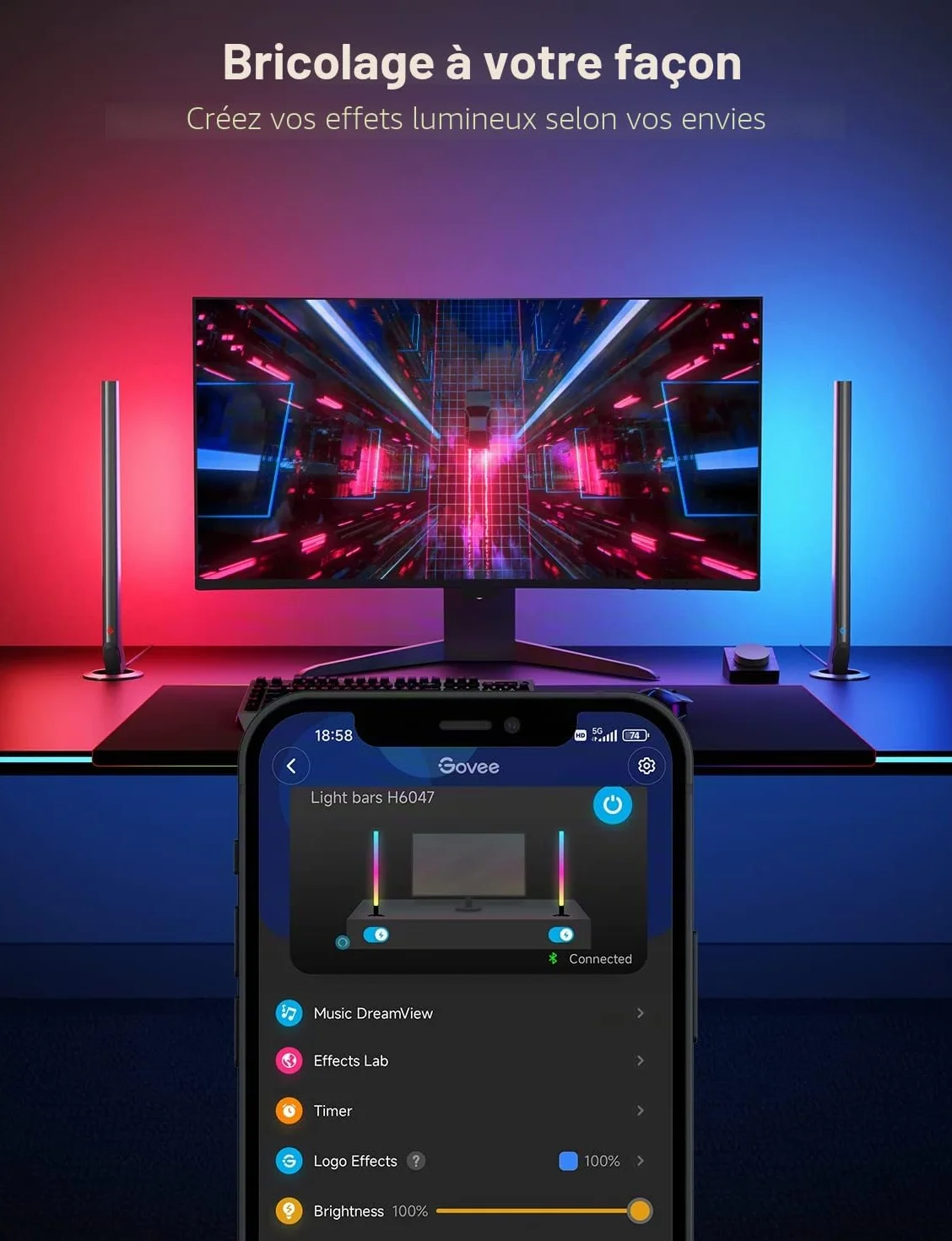 Govee RGBIC 42cm Gaming Lightbar pour PC avec synchronisation musique et contrôle APP, compatible Alexa Google Assistant
