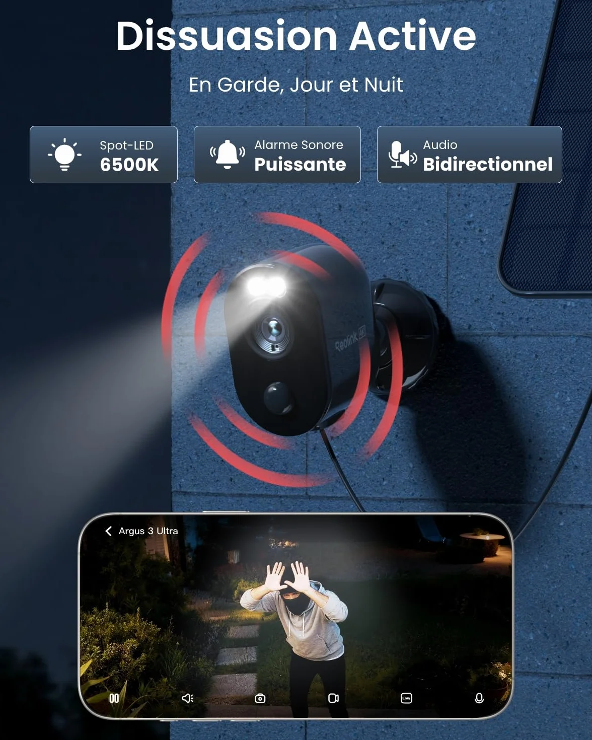 Reolink 4K Caméra Surveillance WiFi Exterieure sans Fil, Détection de Personne/Véhicule/Animal, WiFi 2,4/5 GHz, Vision Nocturne en Couleur, Audio Bidirectionnel, Argus 3 Ultra+Panneau Solaire Noir