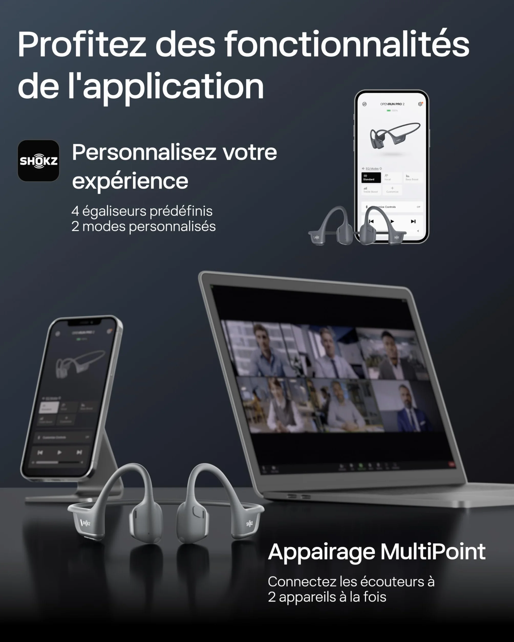 SHOKZ Casque à Conduction Osseuse OpenRun Pro 2, Écouteurs sans Fil Bluetooth 5.3, Microphones Réducteurs de Bruit, Étanchéité IP55, 12h d'Autonomie, Charge Rapide USB-C, Noir