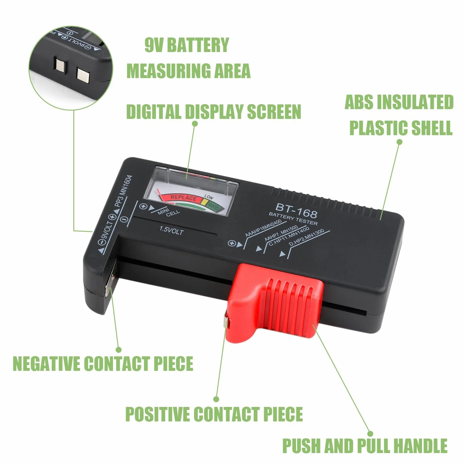 Testeur de Piles Universel, Testeur Pile Numérique pour AA, AA, C, D, PP3, 9V, 1.5V, Piles Bouton,Fonctionne Sans Pile,Testeur Piles Idéal pour Tester vos Anciennes Batteries (Modèle: BT-168)