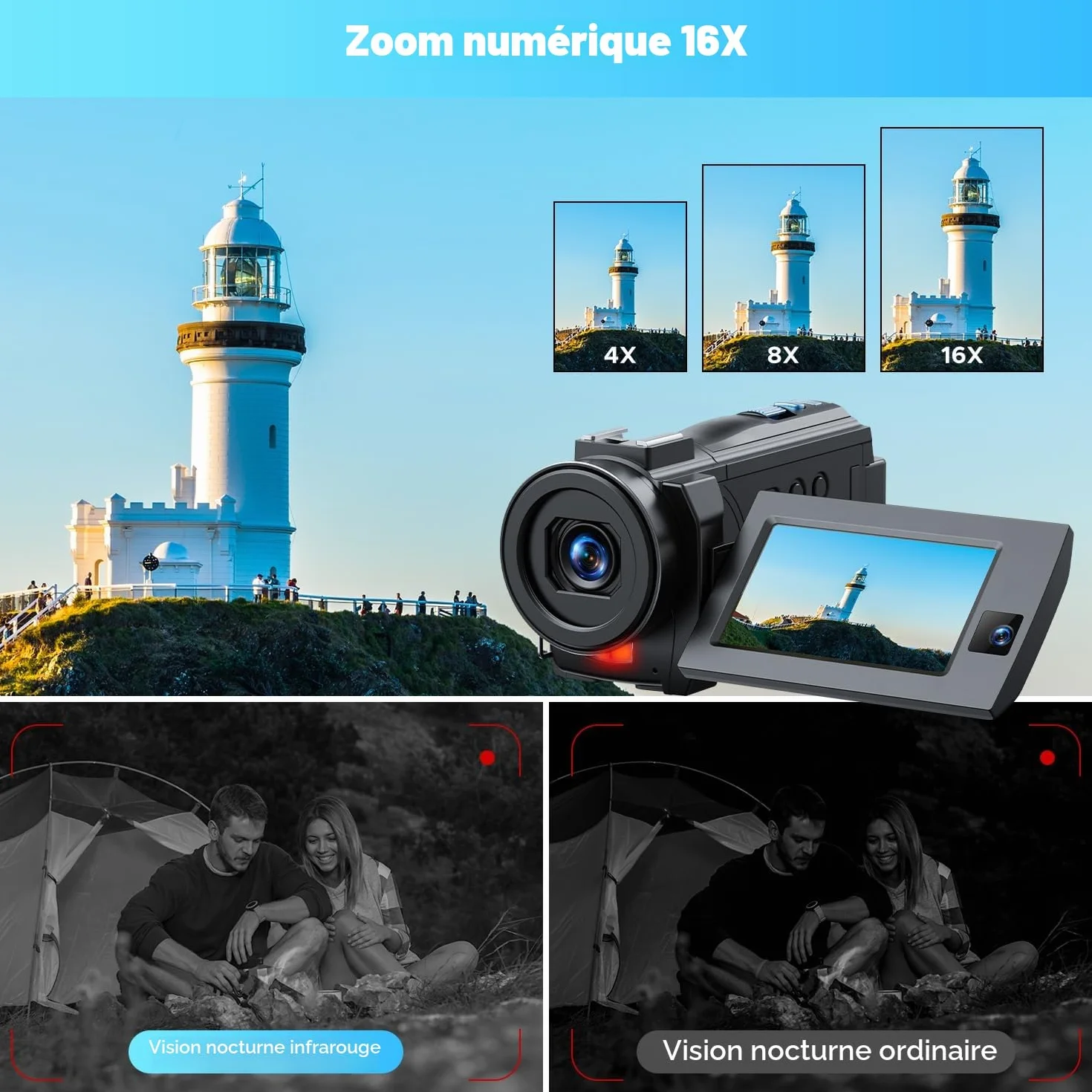 Caméra vidéo 5K 56MP Caméscope Double Objectif, WiFi 16X Youtube Vlog Caméra, 3" Rotatif à 270° Vision Nocturne Video Camera avec 2 Piles,Carte 64 Go,Microphone,trépied