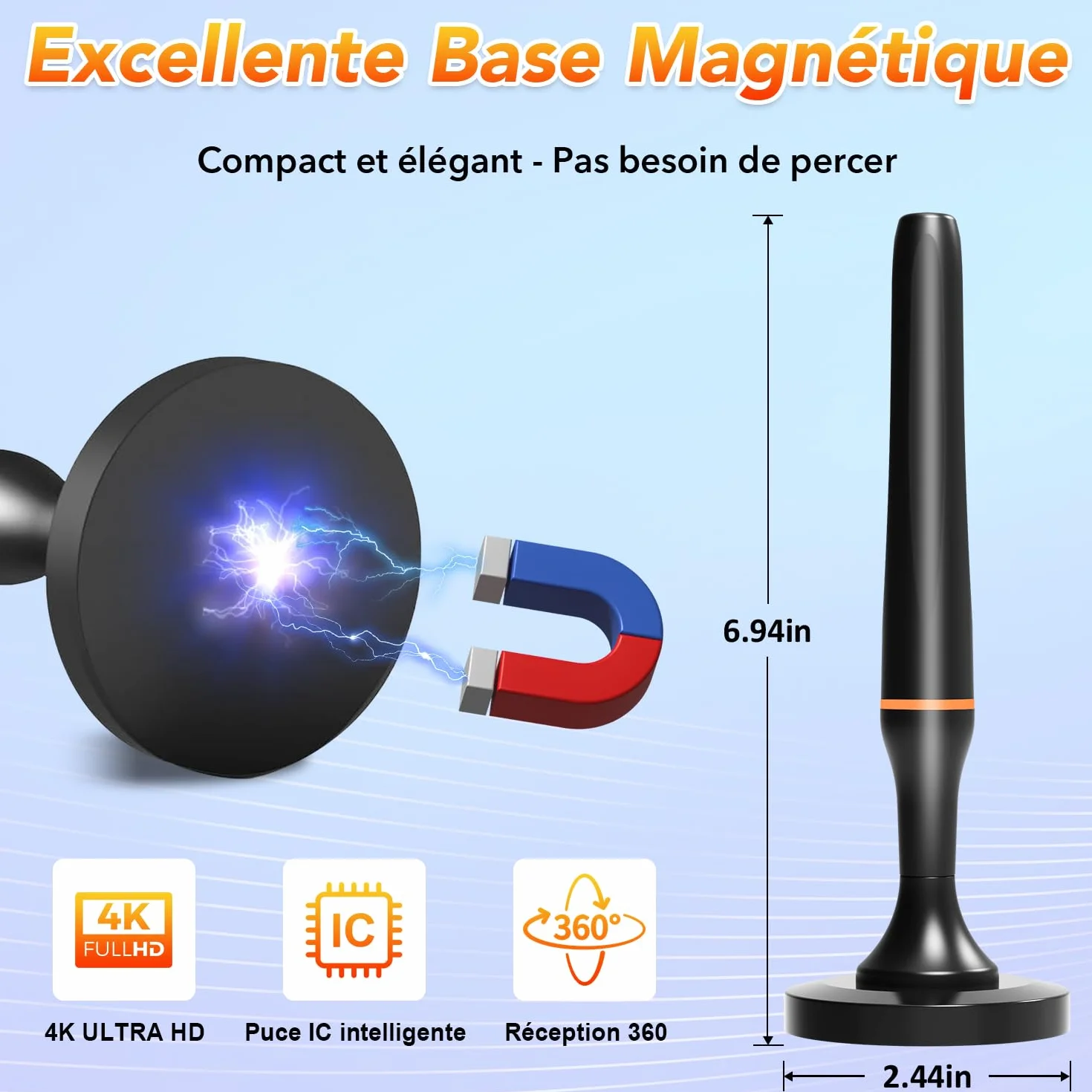 Antenne TV Intérieur Puissante, TNT Signal à Gain Élevé, Réception 360° Longue Portée 500km, Support 4K HD/1080P Chaînes Gratuites