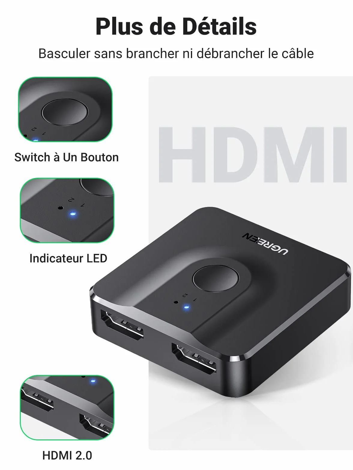 UGREEN Commutateur HDMI 4K 60Hz 2 Entrées 1 Sortie HDR CEC Dolby Atmos Compatible PC PS5 Xbox Noir