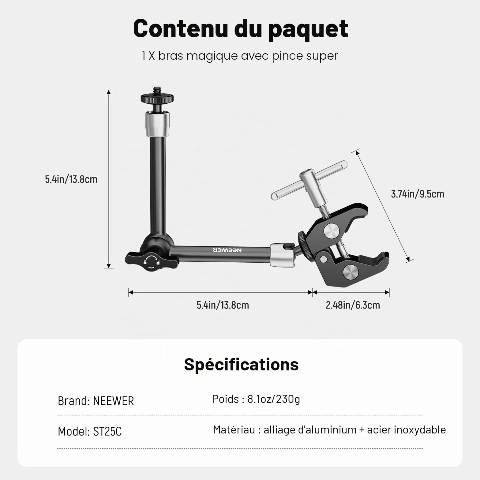 NEEWER Bras Magique Réglable 25cm/9,8" avec Super Pince, Filetages 1/4" & 3/8", Vis 1/4" pour Flash/Éclairage LED/Micro/Moniteur, Compatible avec SmallRig, Charge Maximale: 2kg, ST25C