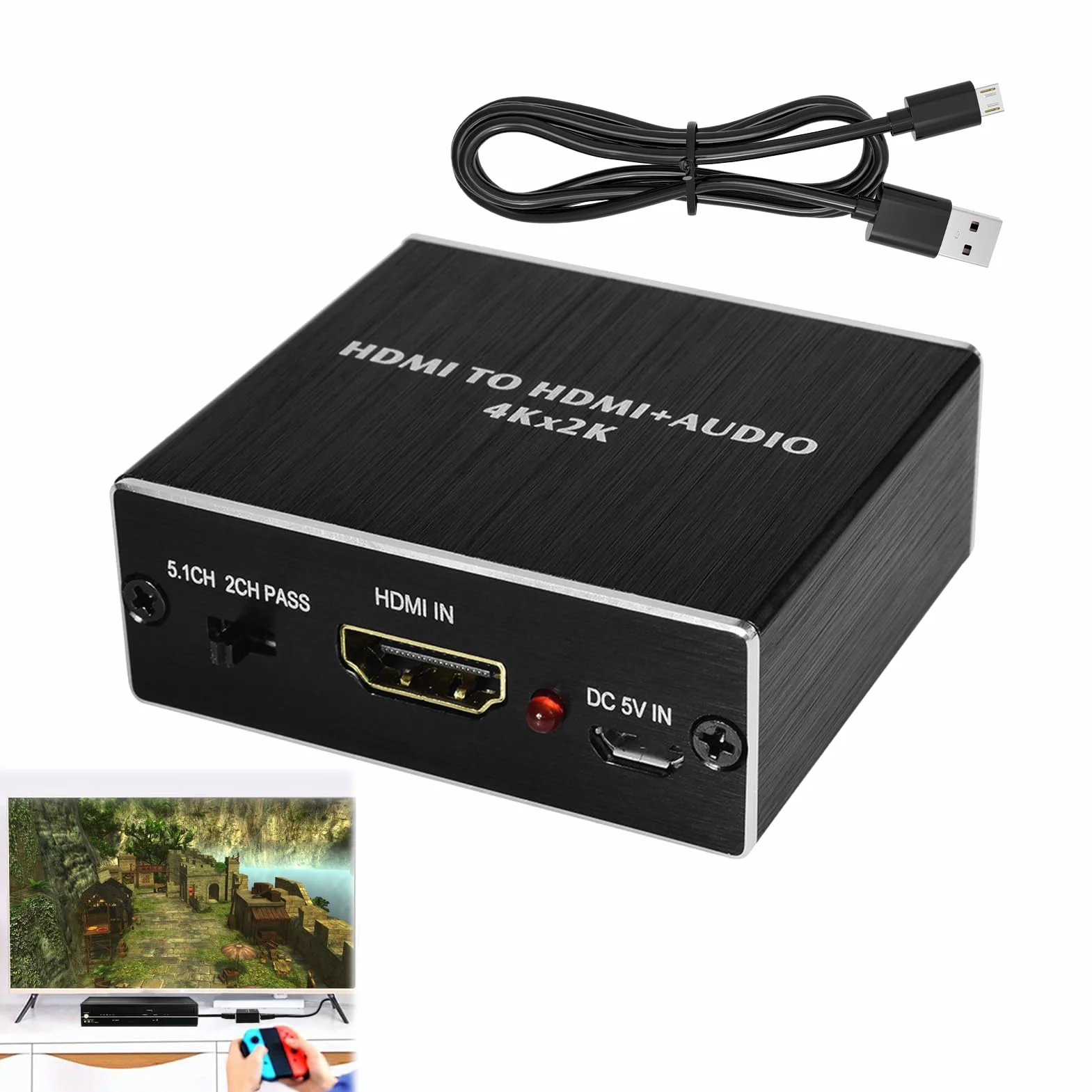 4K x 2K HDM1 Audio Convertisseur Adaptateur, Extracteur Audio HDM1 Splitter, Répartiteur Audio HDM1, HDM1 vers HDM1 Audio avec Adaptateur Stéréo 3,5 mm, Noir