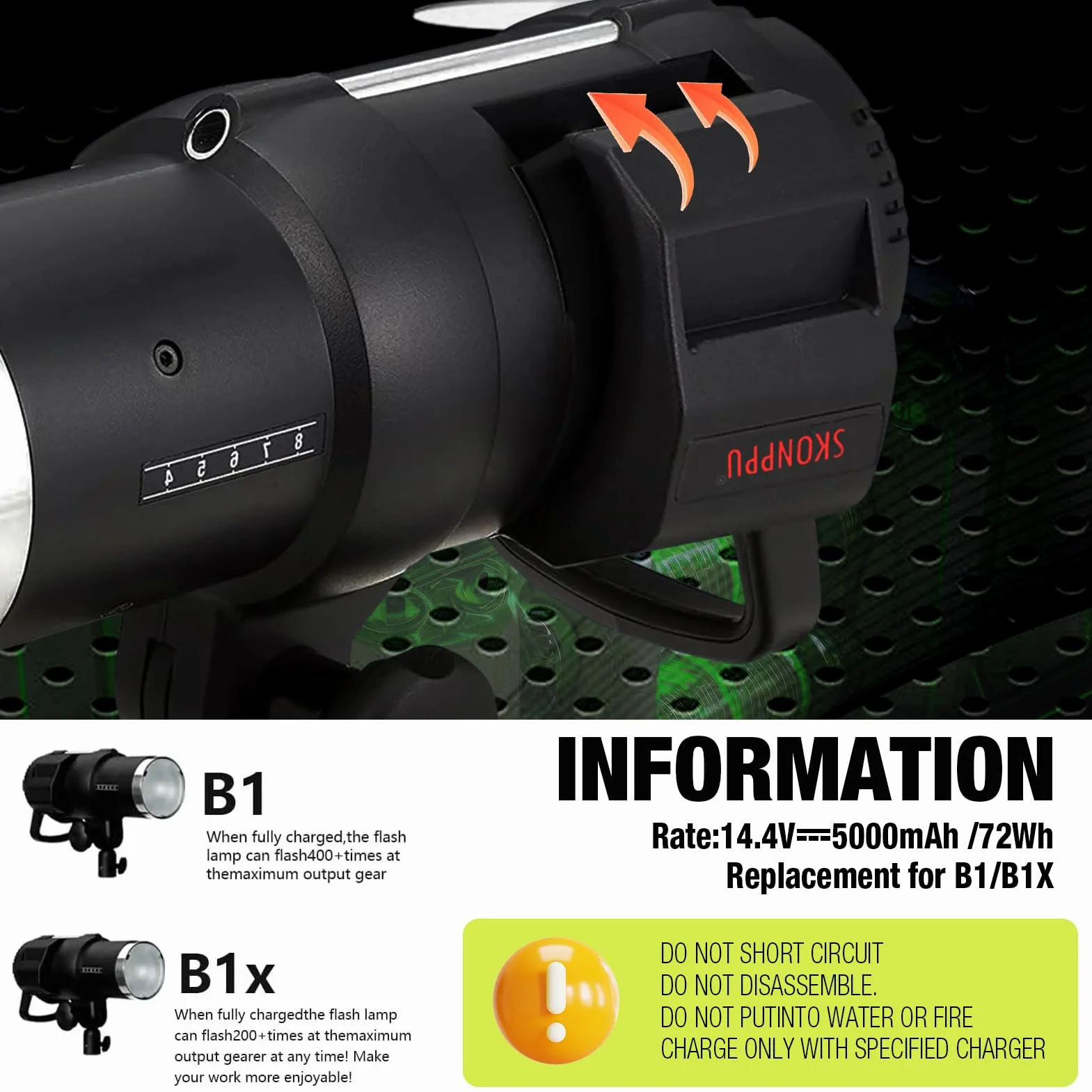 BATTIZ Batterie lithium-ion de rechange pour 100323/100399 Compatible avec les têtes de flash Profoto B1/B1X AirTTL 14,4 V 5000 mAh/72 Wh