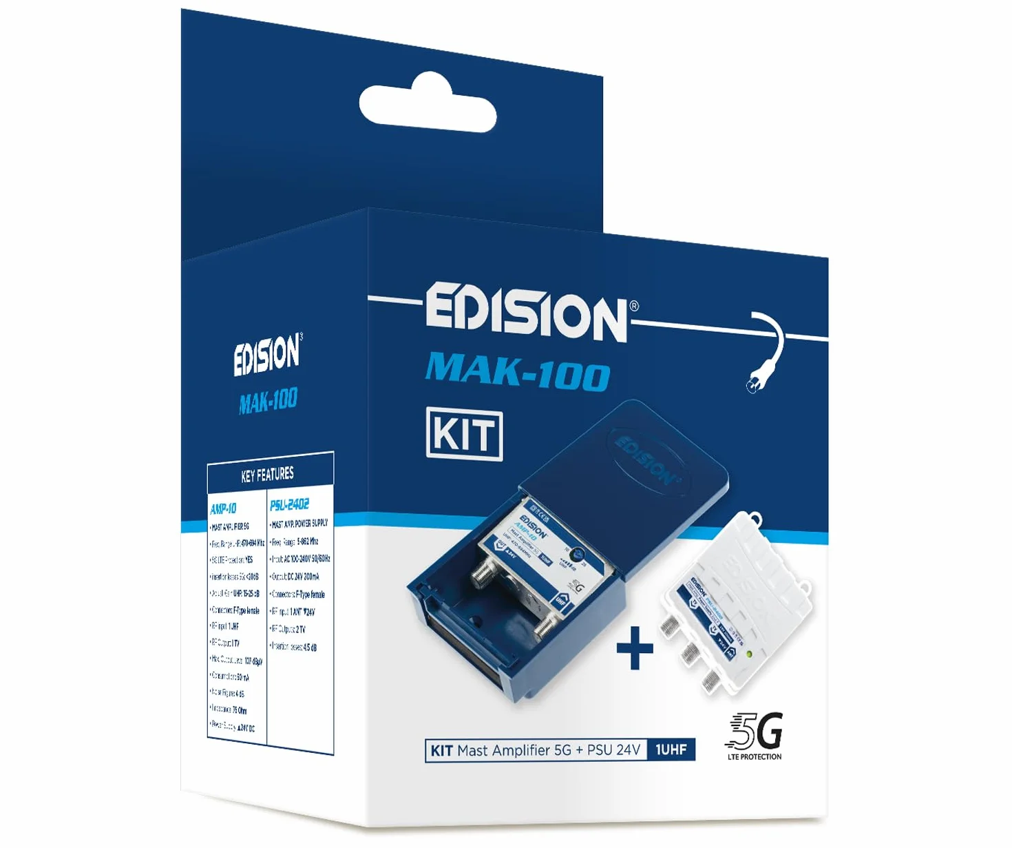 EDISION MAK-100 Kit Préamplificateur de mât Antenne TV TNT 1UHF 10-25dB 107dBmV 24V DVB-T/T2 Filtre 5G LTE Alimentation 24V 200mA 2 Sorties