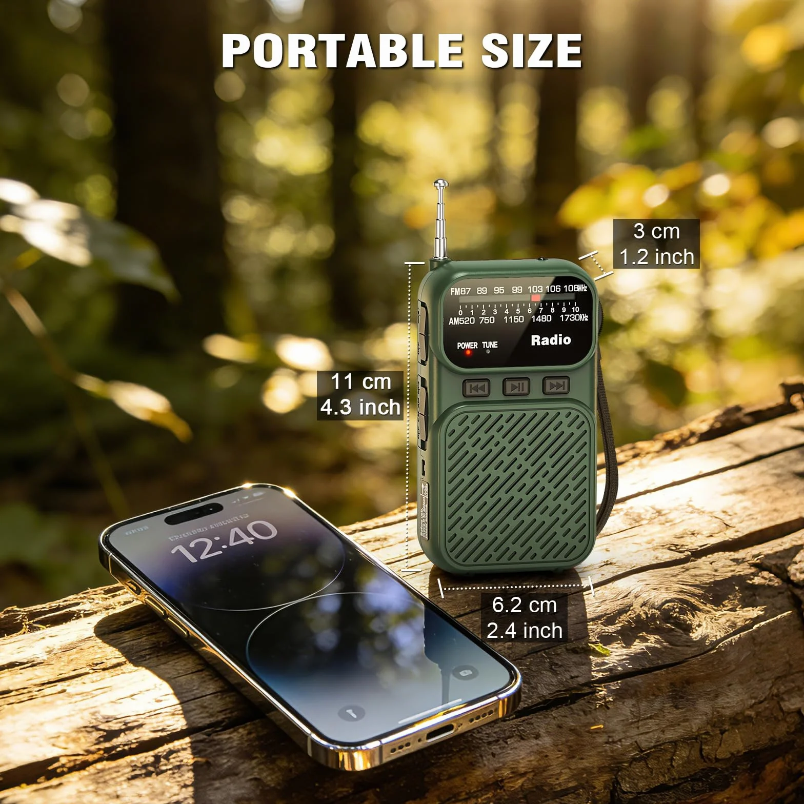 Tendak Mini Radio à Piles AM/FM/FM Bluetooth Portable 1200 mAh USB-C Vert