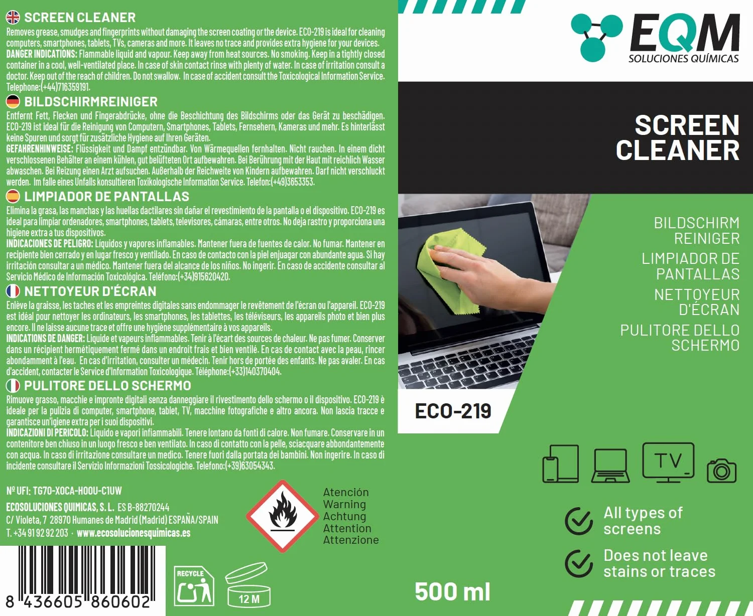 EQM - ECO-219 - Kit Nettoyant Écrans + Chiffon Microfibre - 500 ML - Format Premium - Compatible Tablette, Mobile, Ordinateur Portable, Appareil Photo, LED, OLED