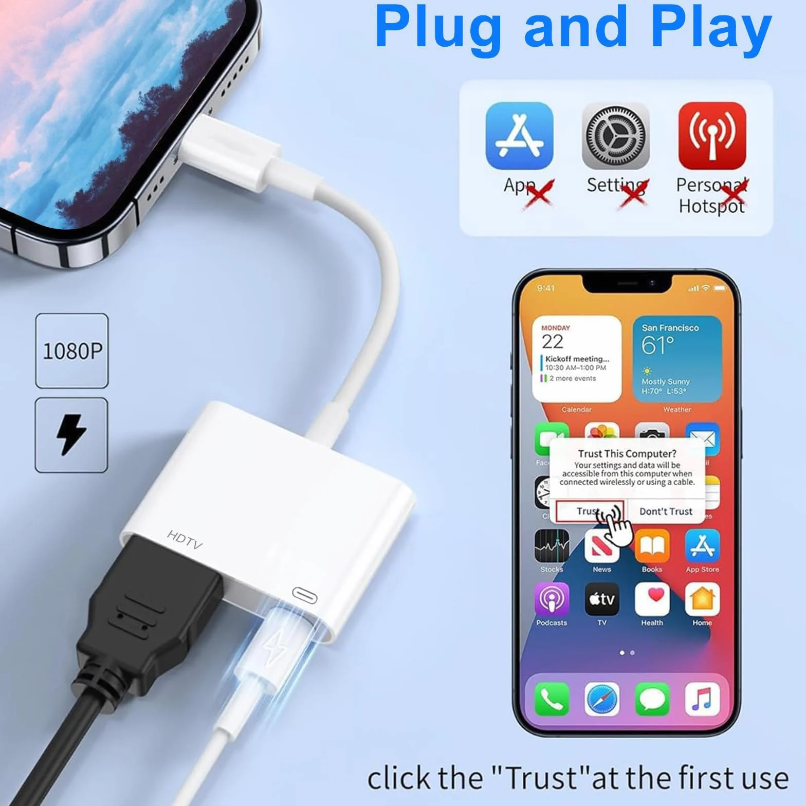 Loydia [Apple MFi Certified] Adaptateur HDMI pour iPhone 1080P Lightning HDMI AV Numérique Adaptateur iPhone HD-MI pour TV/Projecteur/Moniteur/iPad/iPhone14-11 XS, sans Objet pour Netflix