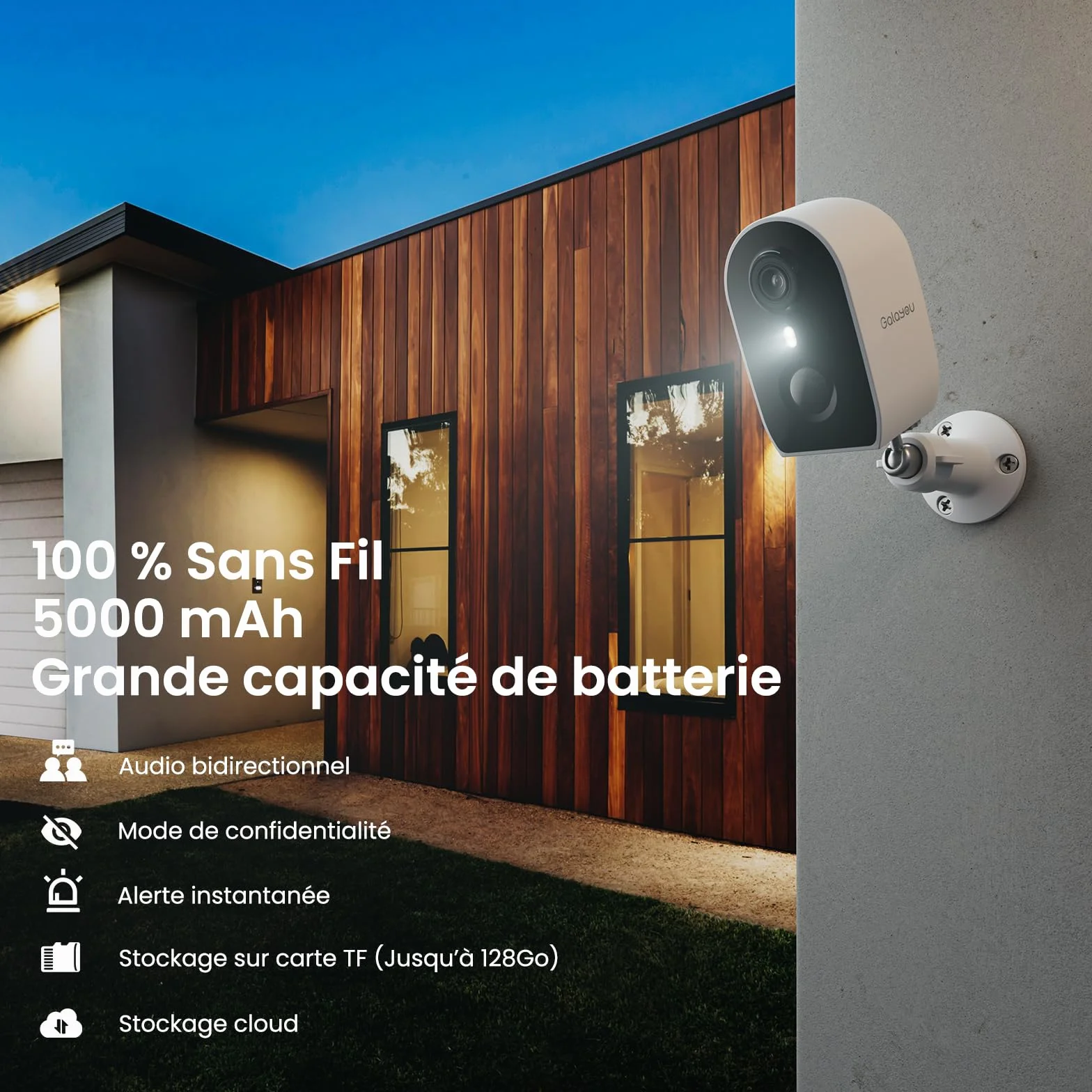 GALAYOU Camera Surveillance WiFi Exterieure sans Fil - 2K Camera Surveillance sur Batteries Exterieure/Interieure, Alerte Instantanée PIR, Sirène Intelligente, IP65