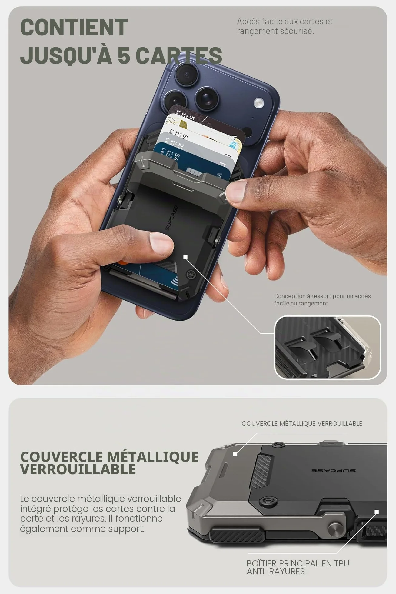 SUPCASE Porte-Cartes Magsafe Portefeuille Magnétique 3000g Maintien 5 Cartes Blocage RFID Support Téléphone pour iPhone 17/16/15/14/13/12 Série Noir