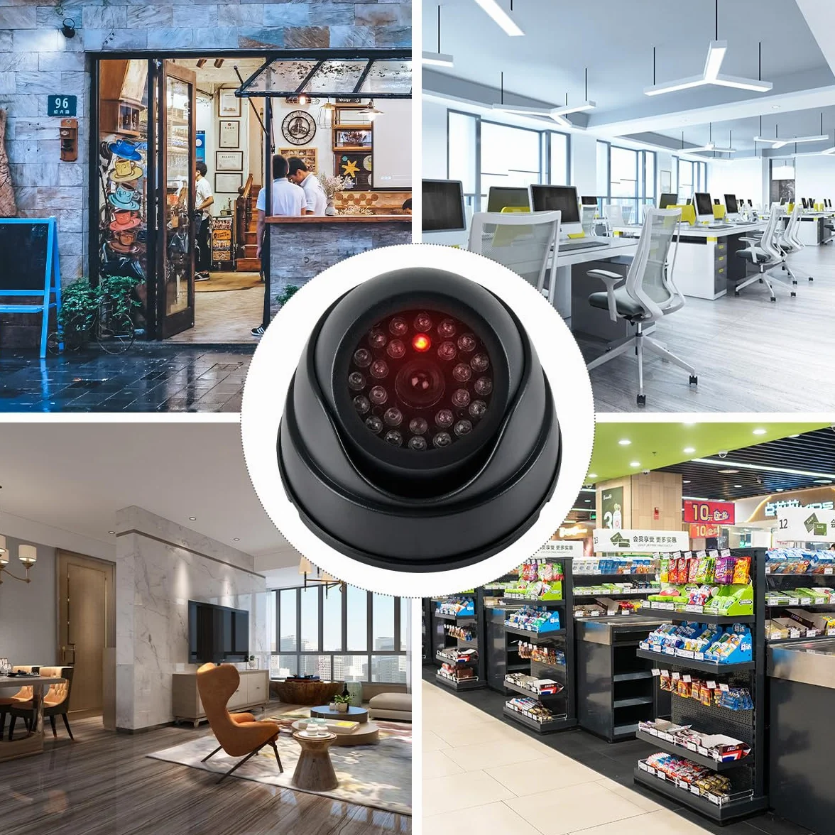 2pcs Caméras Factices de Surveillance CCTV, Fausse Caméra de Sécurité Factice avec Lumière Led Clignotante, Caméra Surveillance Factice Étanche pour Extérieur Intérieur avec 2 Panneaux de CCTV + Vis