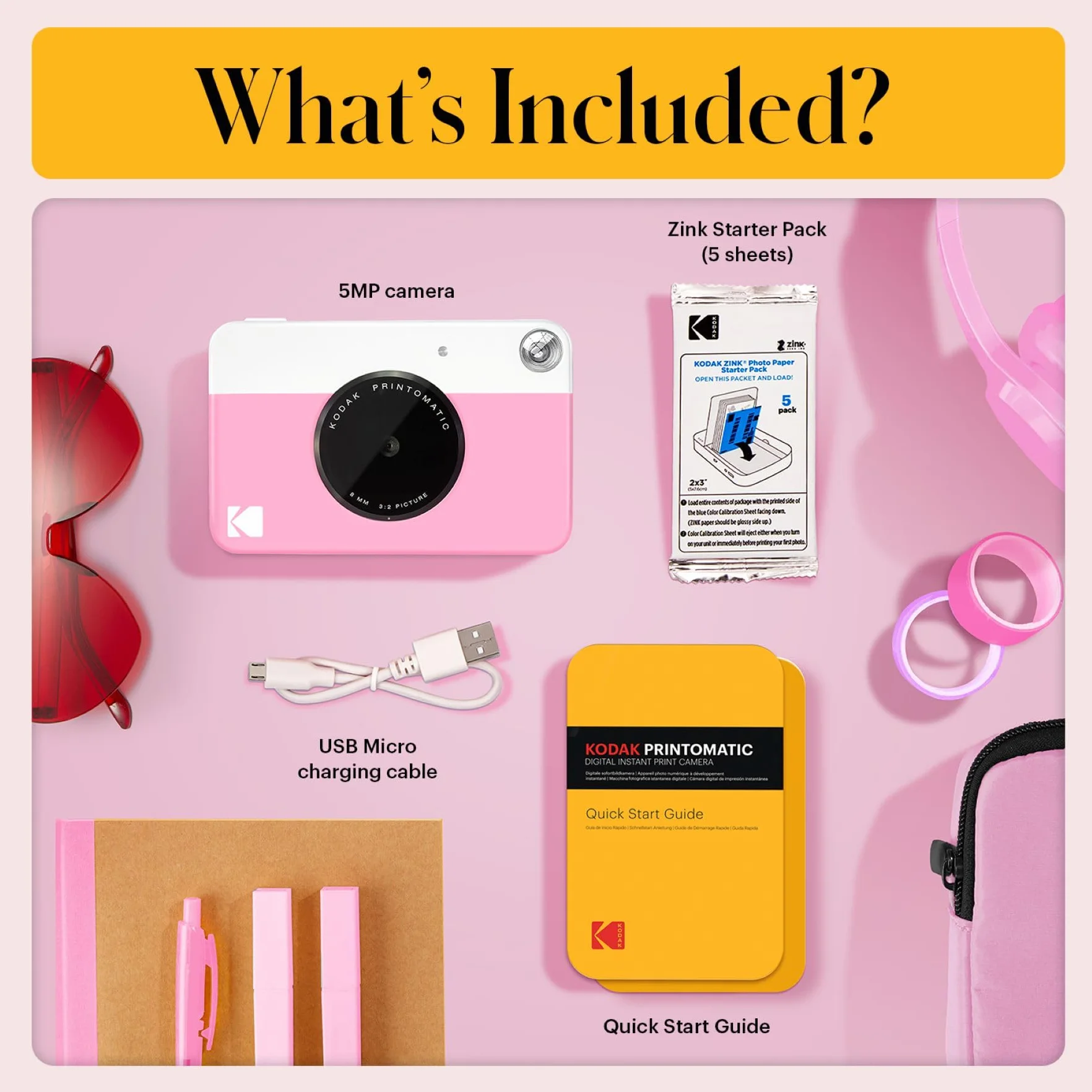 KODAK Printomatic Appareil photo numérique à impression instantanée couleur – Photos de haute qualité sur papier autocollant Zink 2 x 3" – 5 MP, portable, cadeau créatif pour anniversaire, Noël – Rose