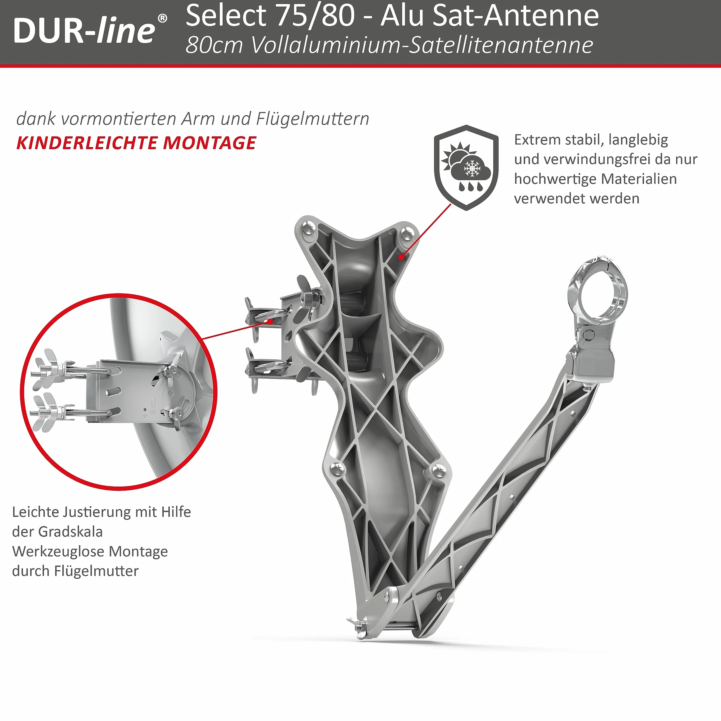 DUR-line sELECT 75/80 x 3 cm Antenne Parabolique Satellite Camping Car, Parabole Aluminium