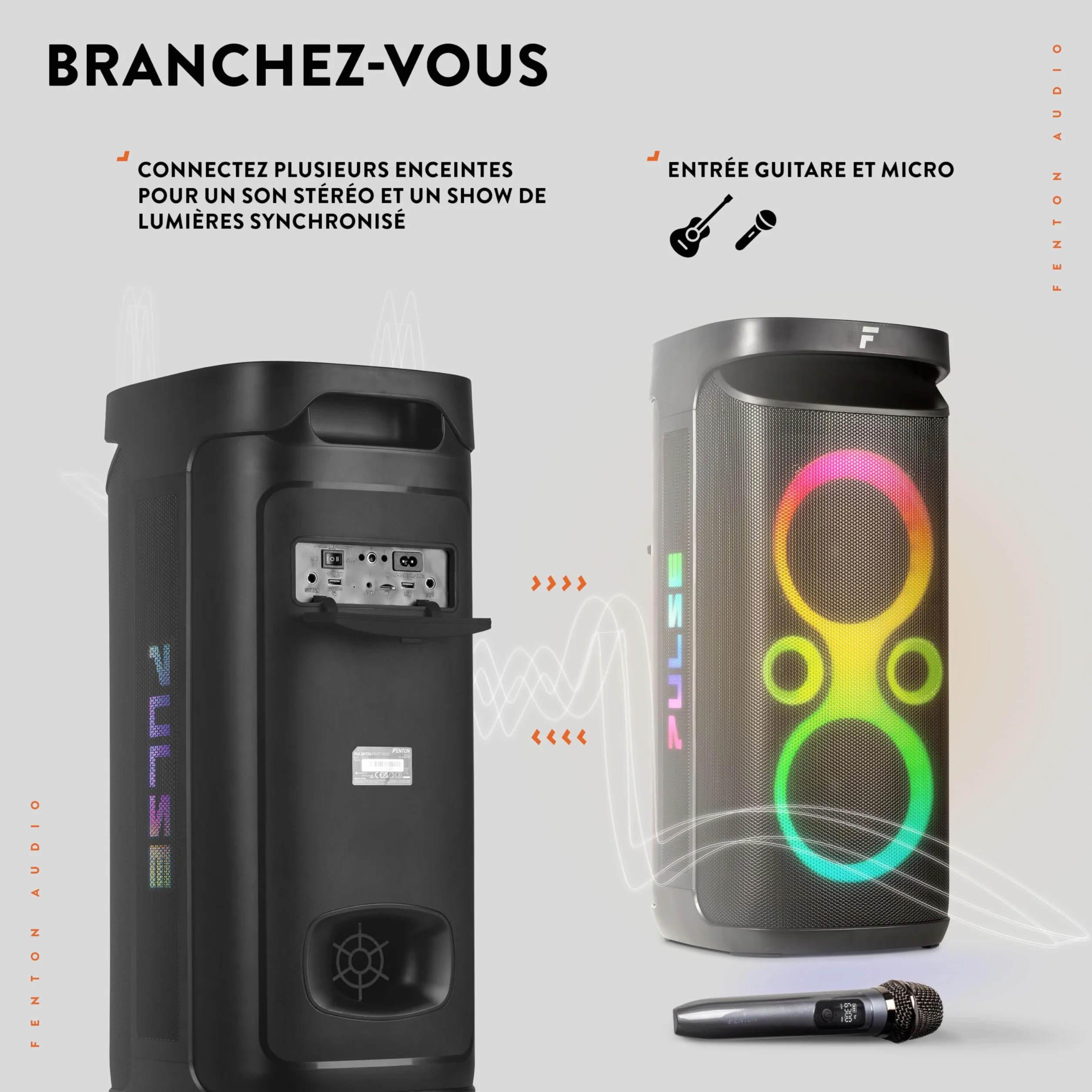 Fenton Pulse130 Enceinte de Soirée Lumineuse Bluetooth - 260 Watts, Batterie Longue Autonomie 12H, Résistance aux Éclaboussures IPX4, Idéale pour Toutes Vos Soirées en Intérieur ou Exterieur