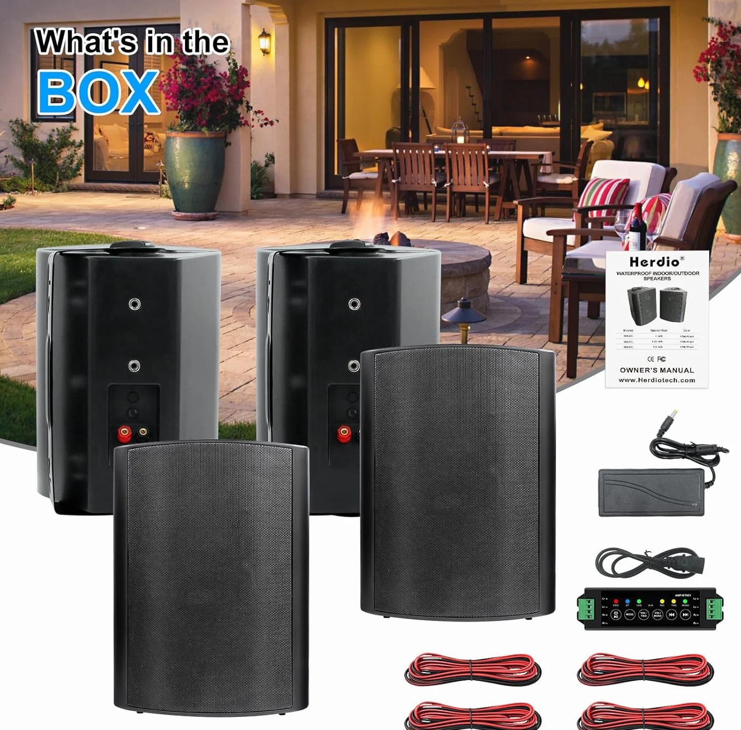 Herdio 6,5 Pouces Bluetooth Enceintes d'extérieur - Parleur 800W Haut - Parleur d'extérieur avec Source boîte d'amplificateur stéréo idéal pour terrasse extérieure Jardin Veranda (4 Noirs)