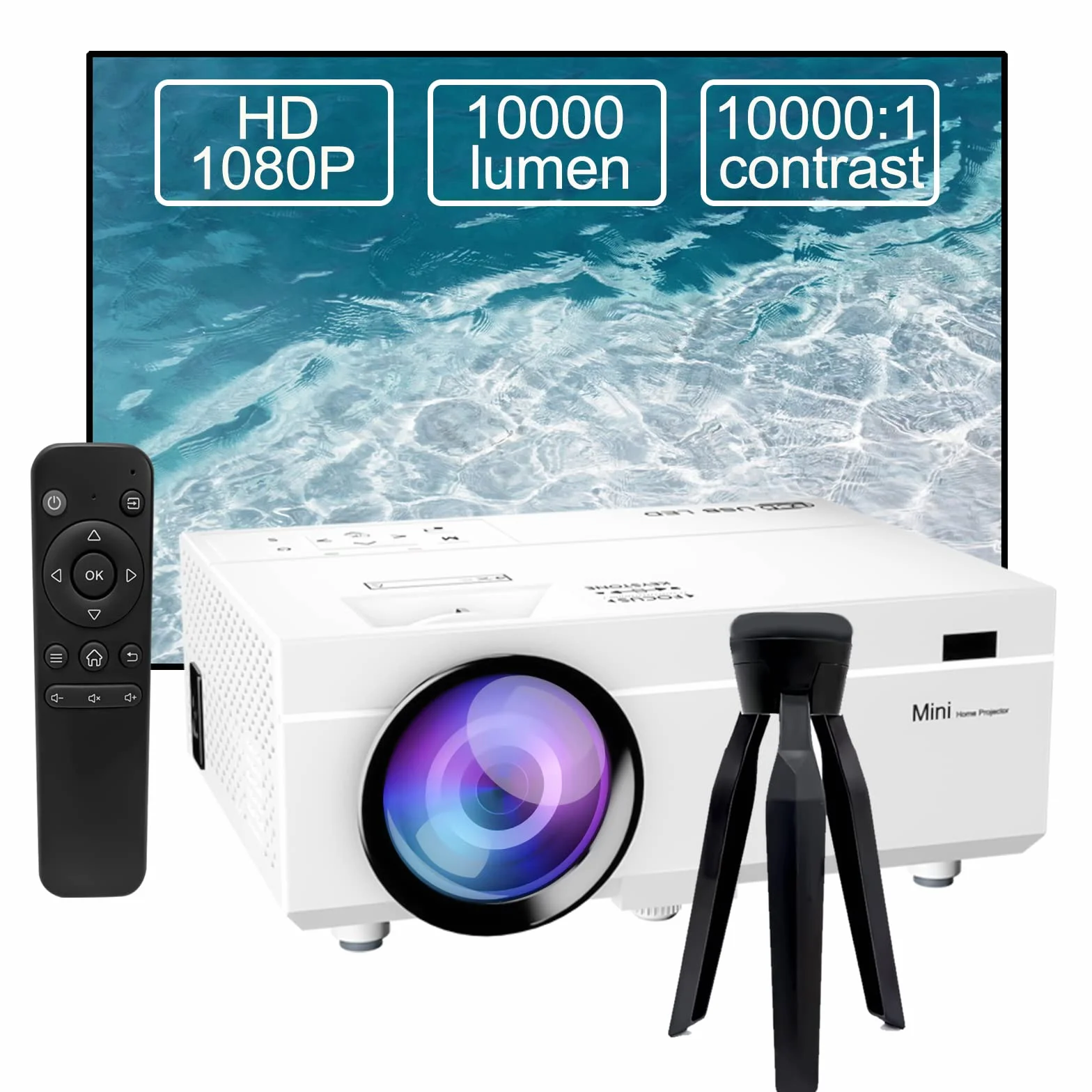 Mini Projecteur 10000 Lumens 1080P Full HD Portable Support HDMI USB AV Blanc M8