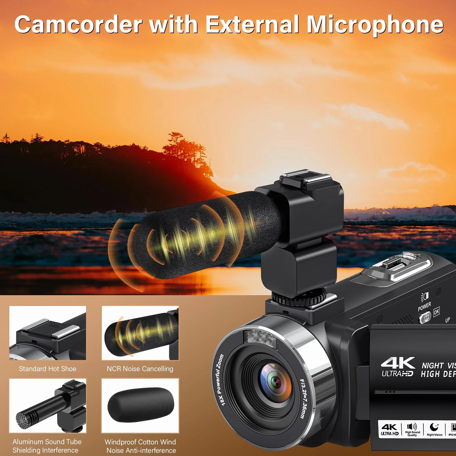 Caméscope 4K 30FPS 80MP Zoom Numérique 18X Caméra Vlogging Vision Nocturne IR Écran IPS 3.0" avec Carte SD 32 Go